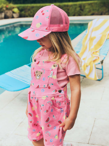 Pink Fruit Emoji Short Overalls OVERALL Huxbaby