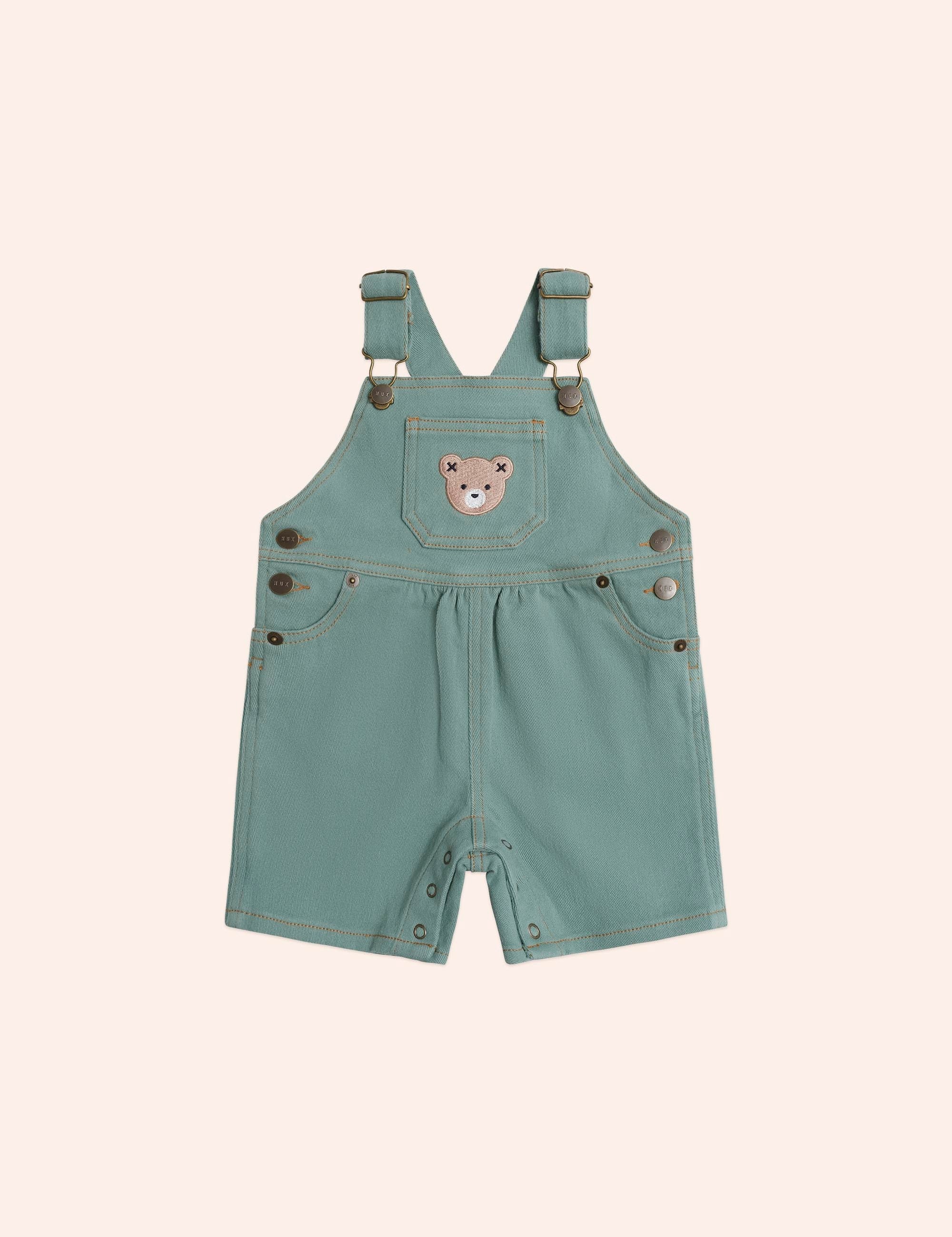 Denim Short Overalls Green OVERALL Huxbaby