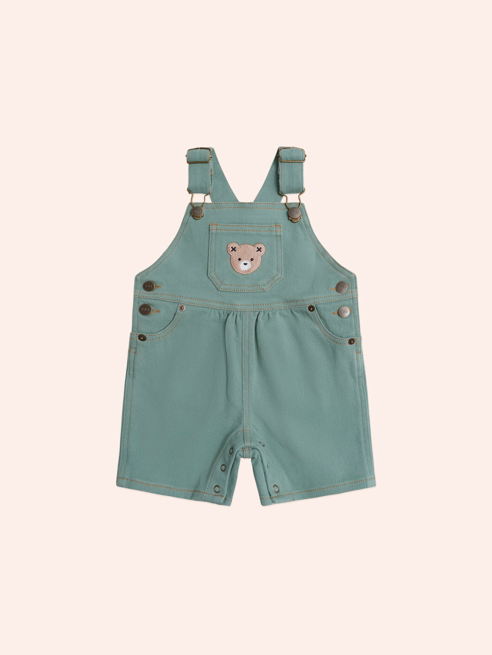 Denim Short Overalls Green OVERALL Huxbaby