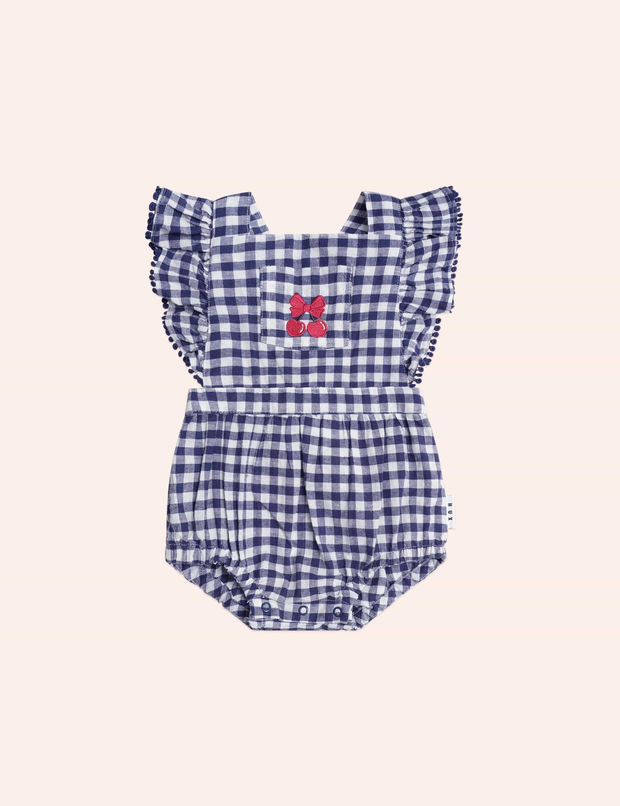 Frilly Playsuit Cherry Pie Check ROMPER Huxbaby