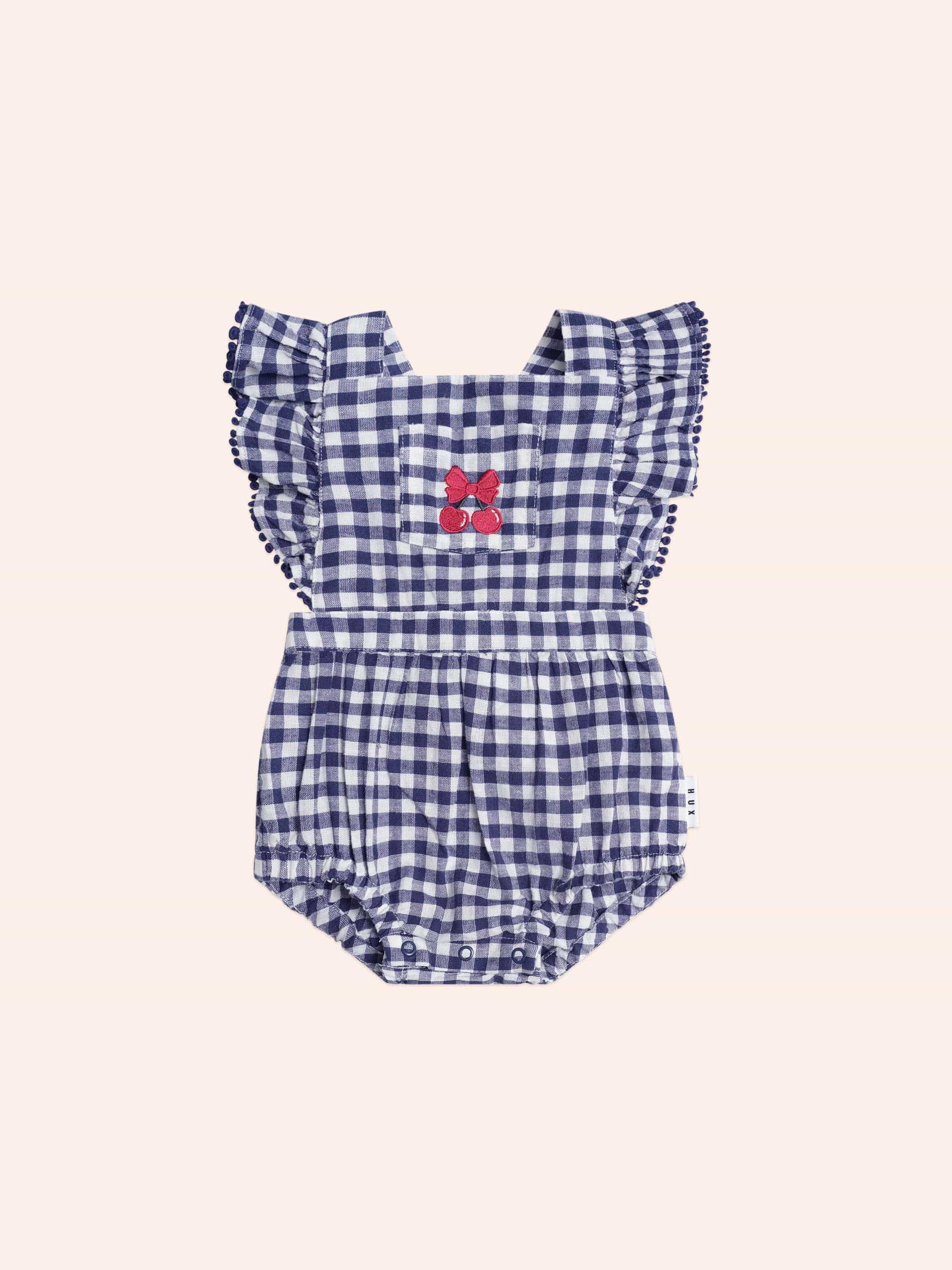 Frilly Playsuit Cherry Pie Check ROMPER Huxbaby
