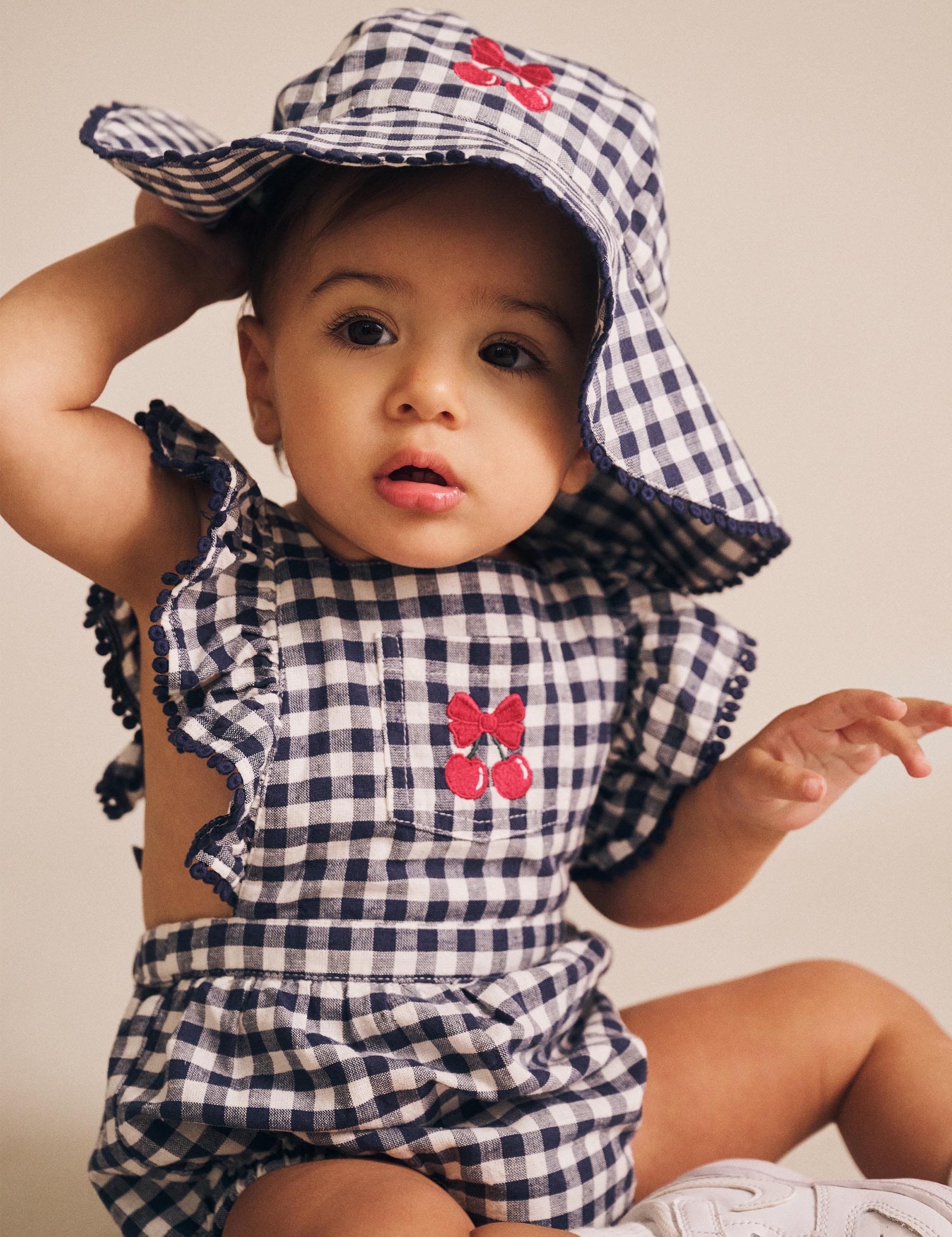 Frilly Playsuit Cherry Pie Check ROMPER Huxbaby