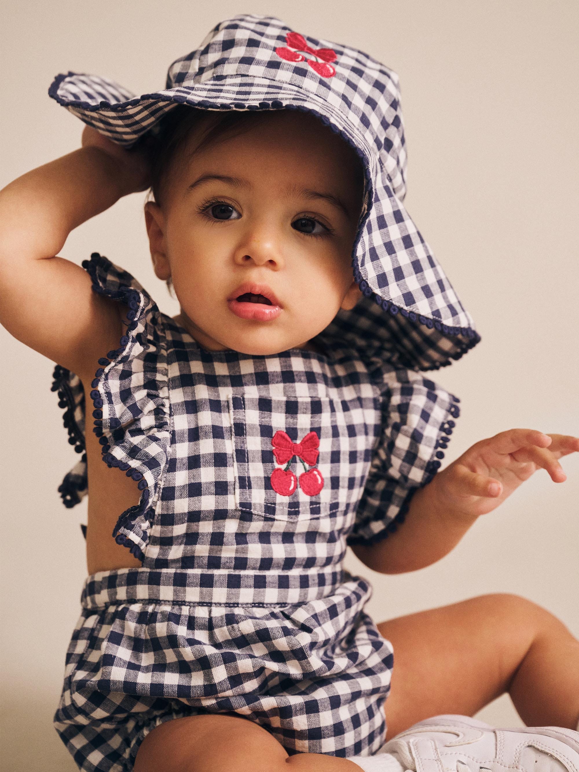 Frilly Sunhat Cherry Pie Check ACCESSORIES Huxbaby