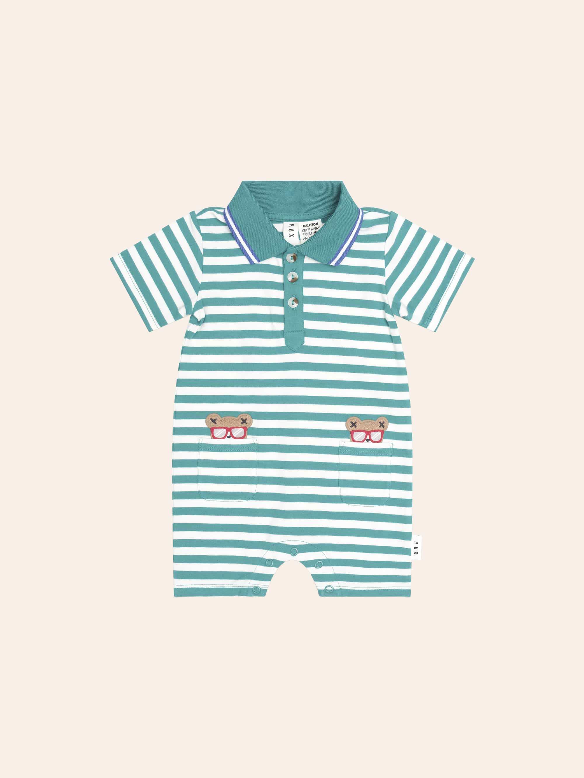 Green Stripe Vacay Hux Romper ONESIE Huxbaby Shopify