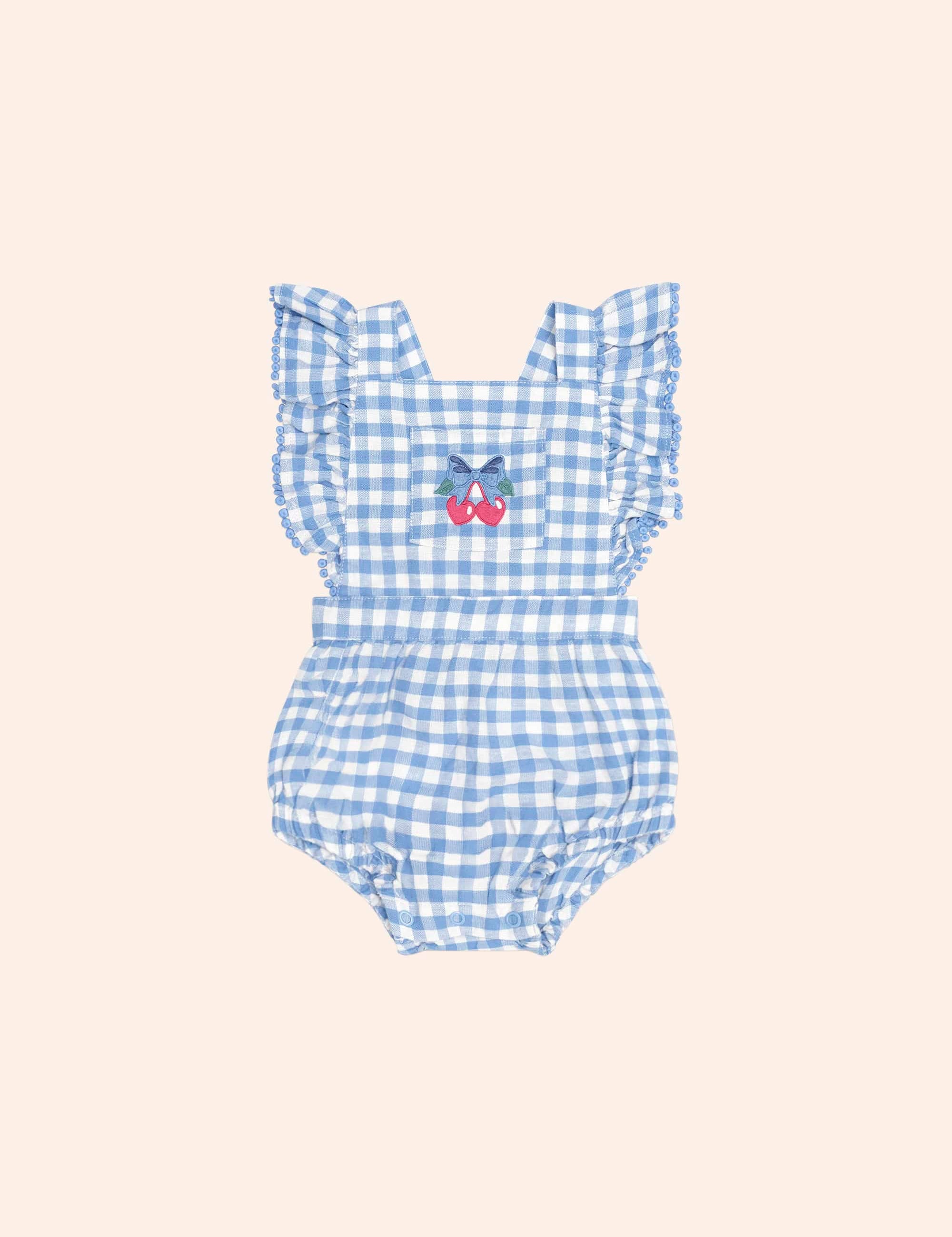 Dusty Blue Gingham Bow Playsuit ONESIE Huxbaby Shopify