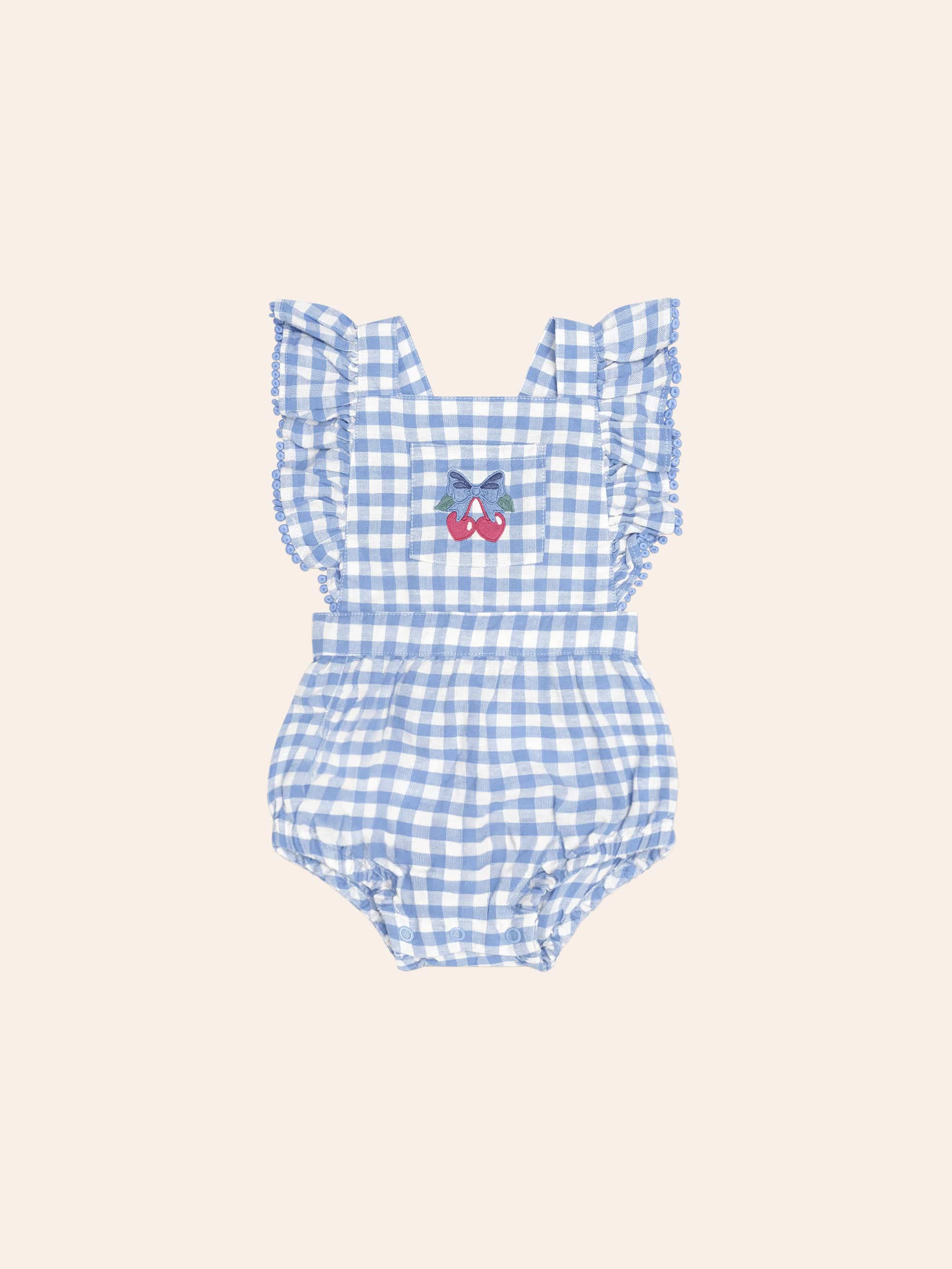 Dusty Blue Gingham Bow Playsuit ONESIE Huxbaby Shopify