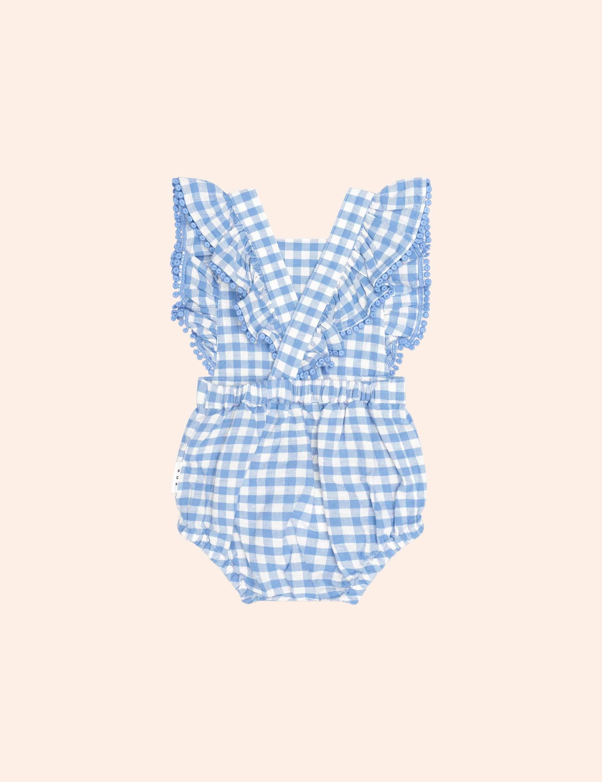 Dusty Blue Gingham Bow Playsuit ONESIE Huxbaby Shopify