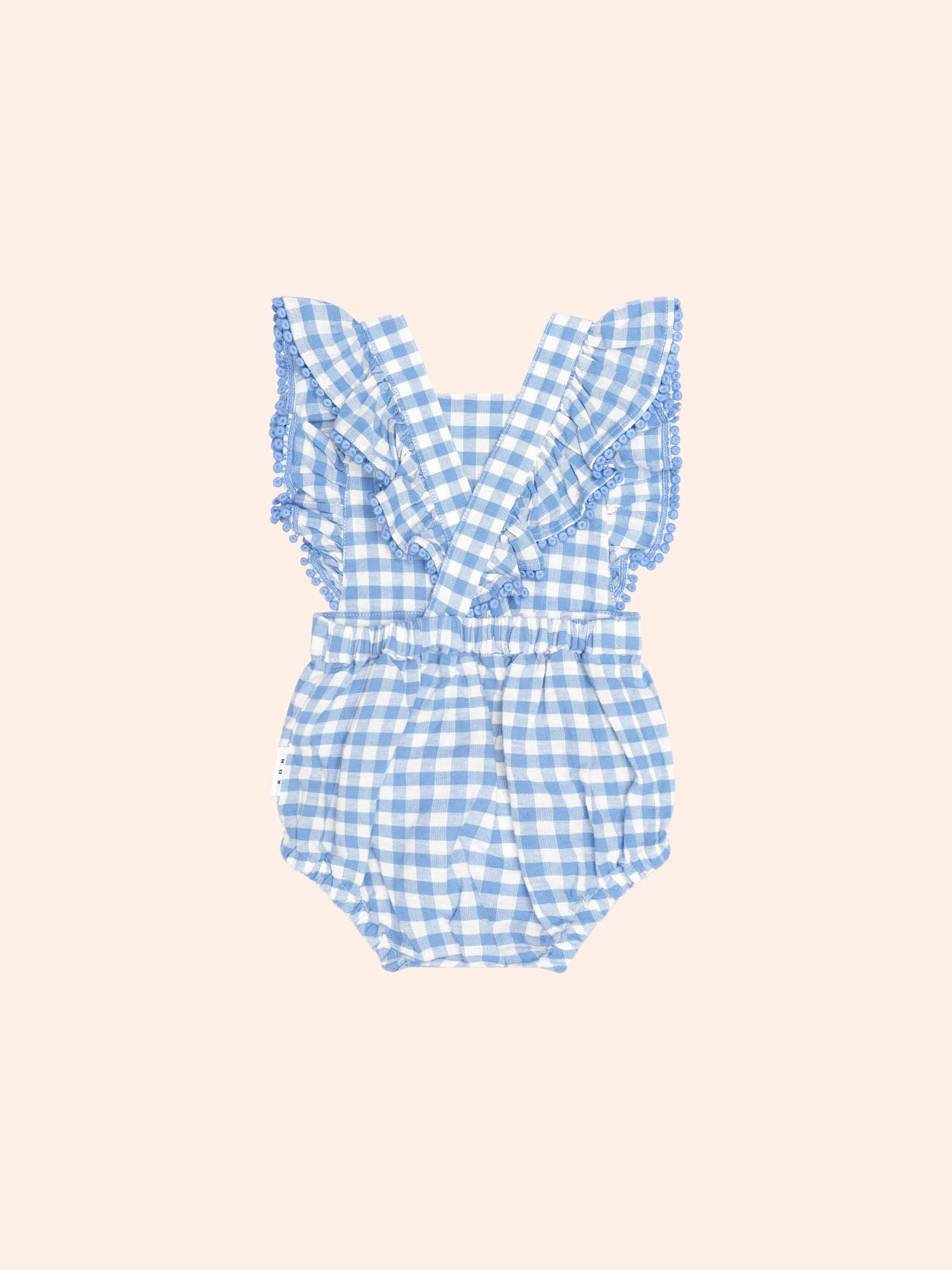 Dusty Blue Gingham Bow Playsuit ONESIE Huxbaby Shopify