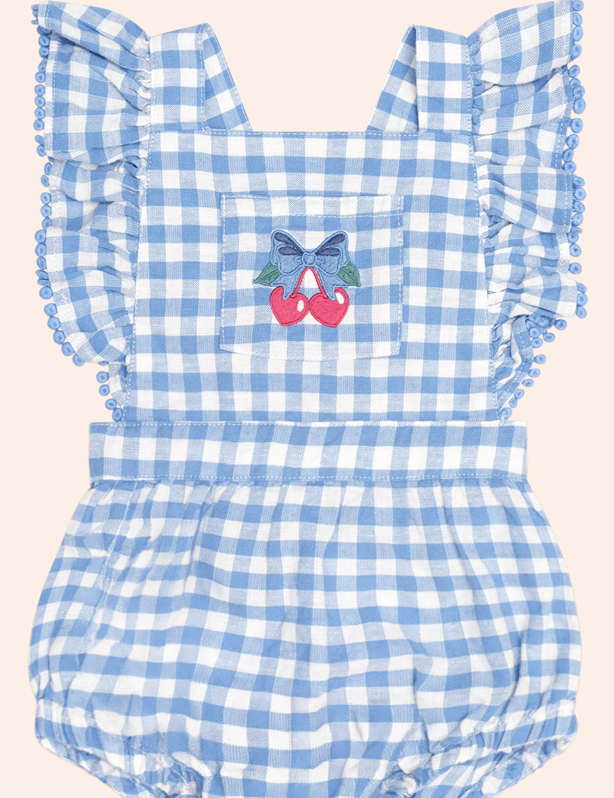 Dusty Blue Gingham Bow Playsuit ONESIE Huxbaby Shopify