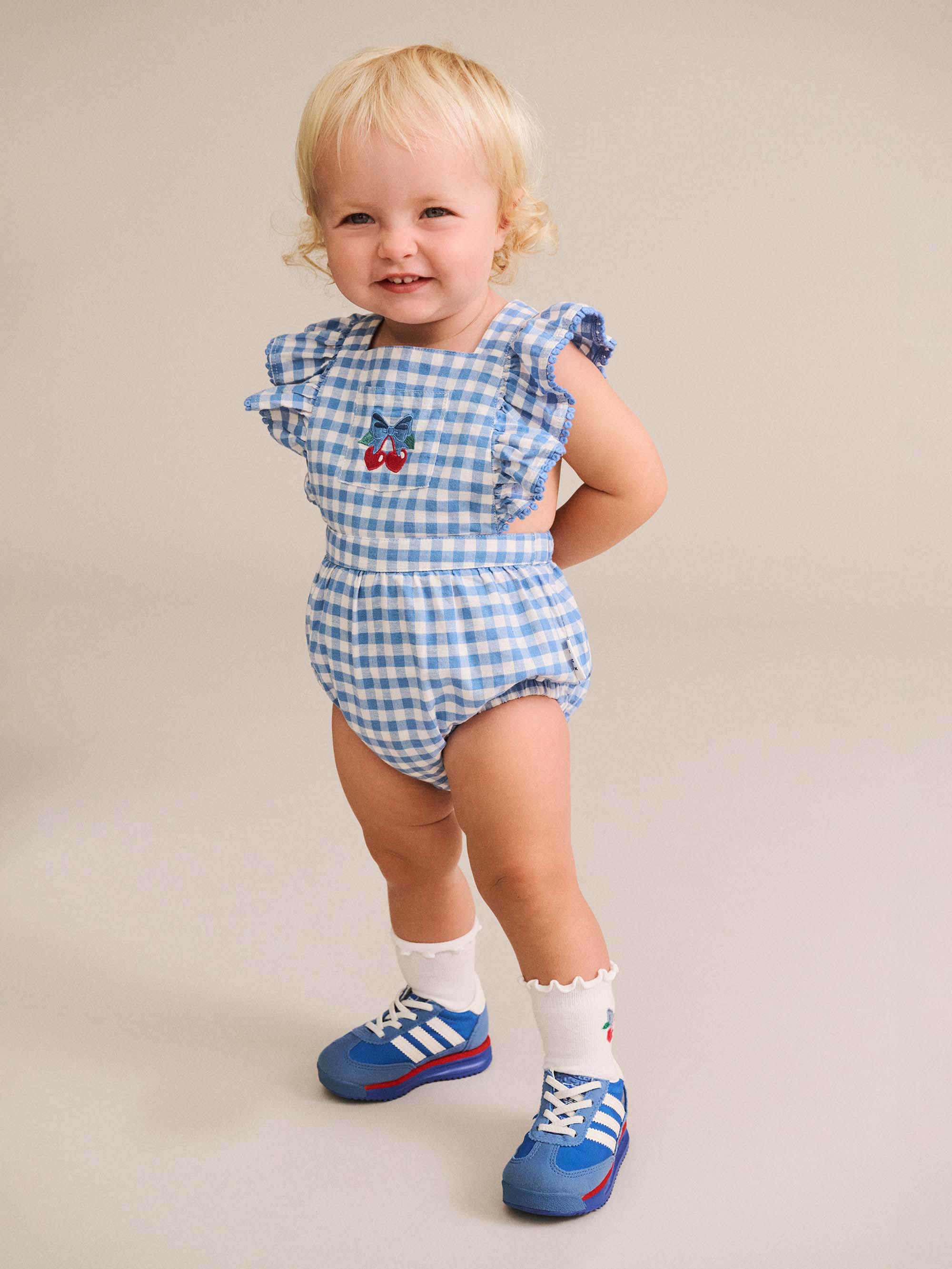 Dusty Blue Gingham Bow Playsuit ONESIE Huxbaby Shopify