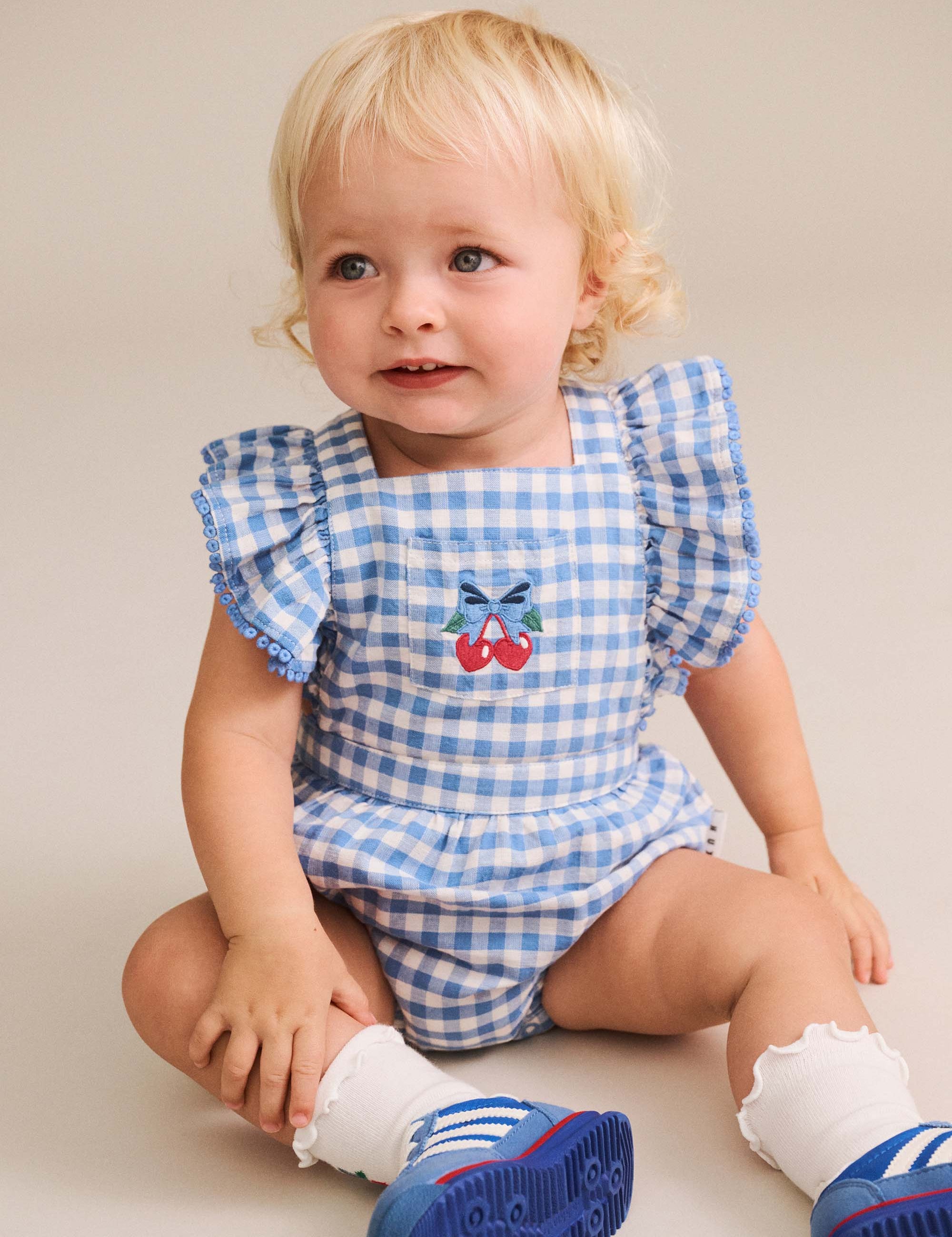 Dusty Blue Gingham Bow Playsuit ONESIE Huxbaby Shopify
