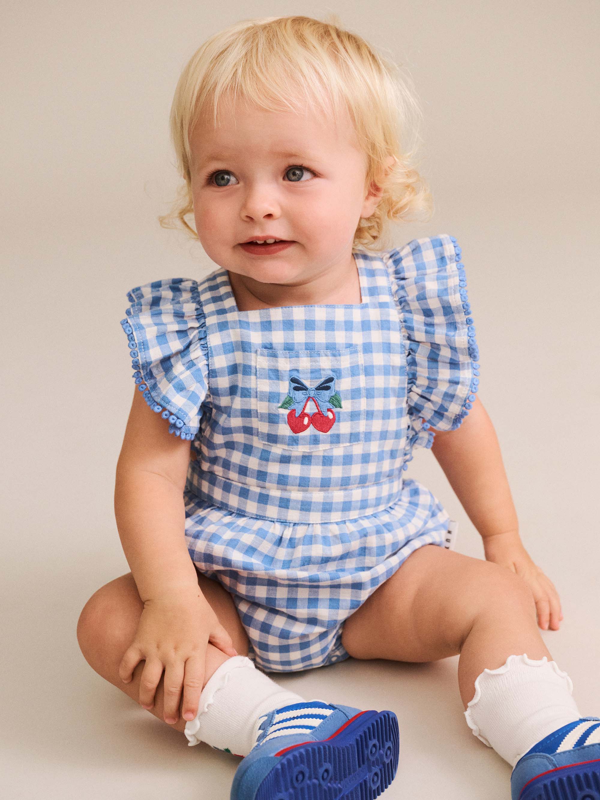 Dusty Blue Gingham Bow Playsuit ONESIE Huxbaby Shopify