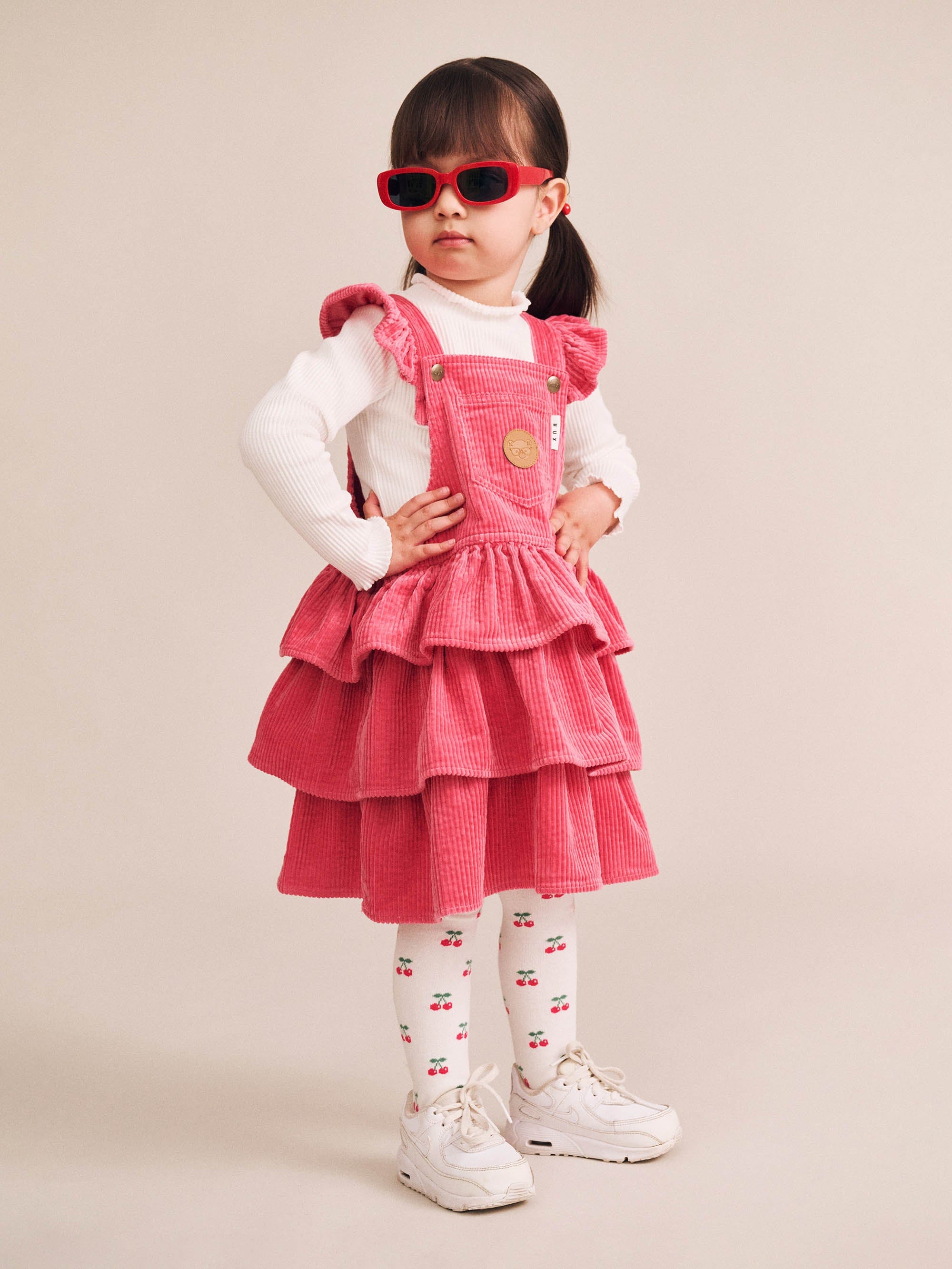 Classic Tiered Cord Pink Pinafore DRESS Huxbaby