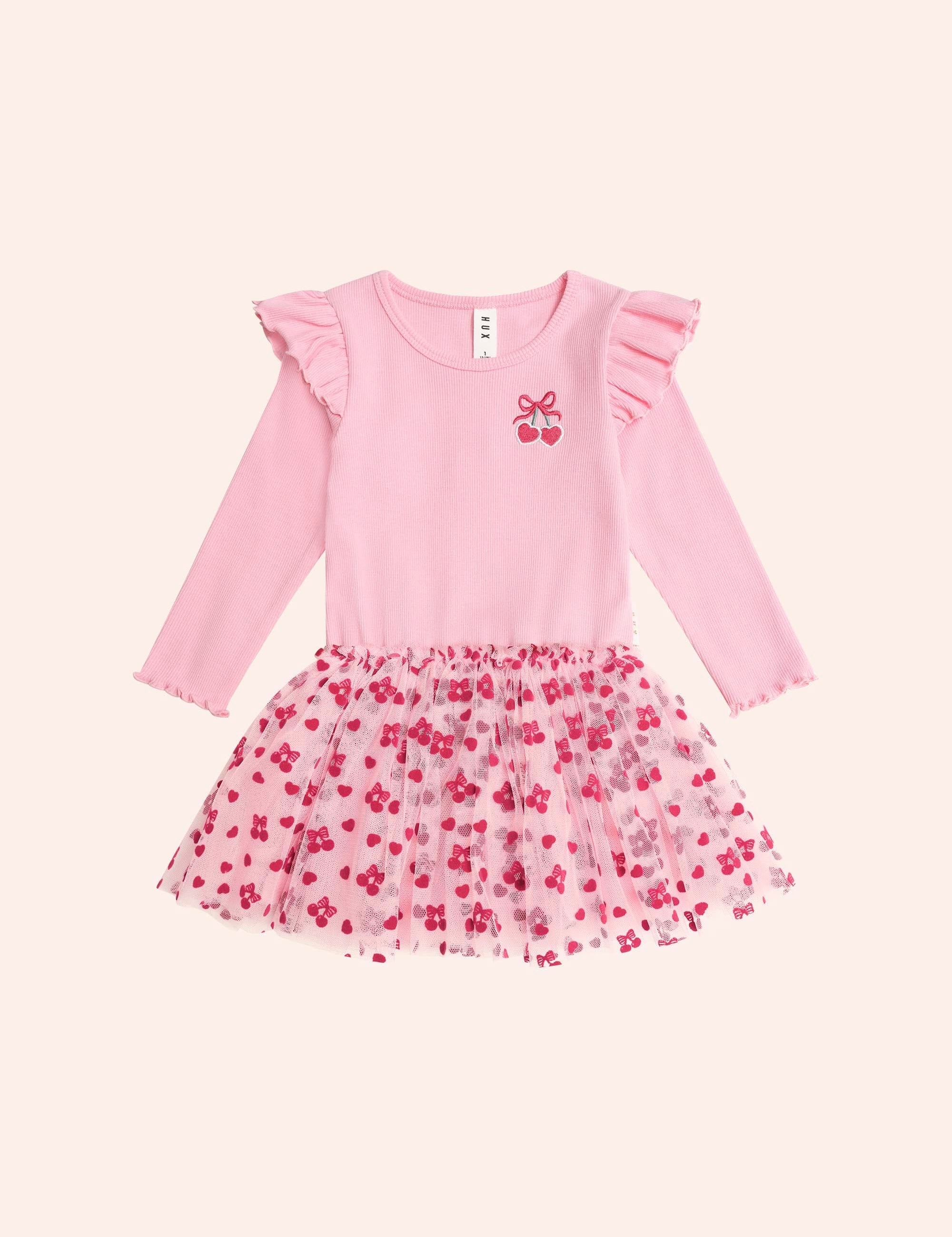 Longsleeve Cherry Pie Rib Tulle Dress DRESS Huxbaby