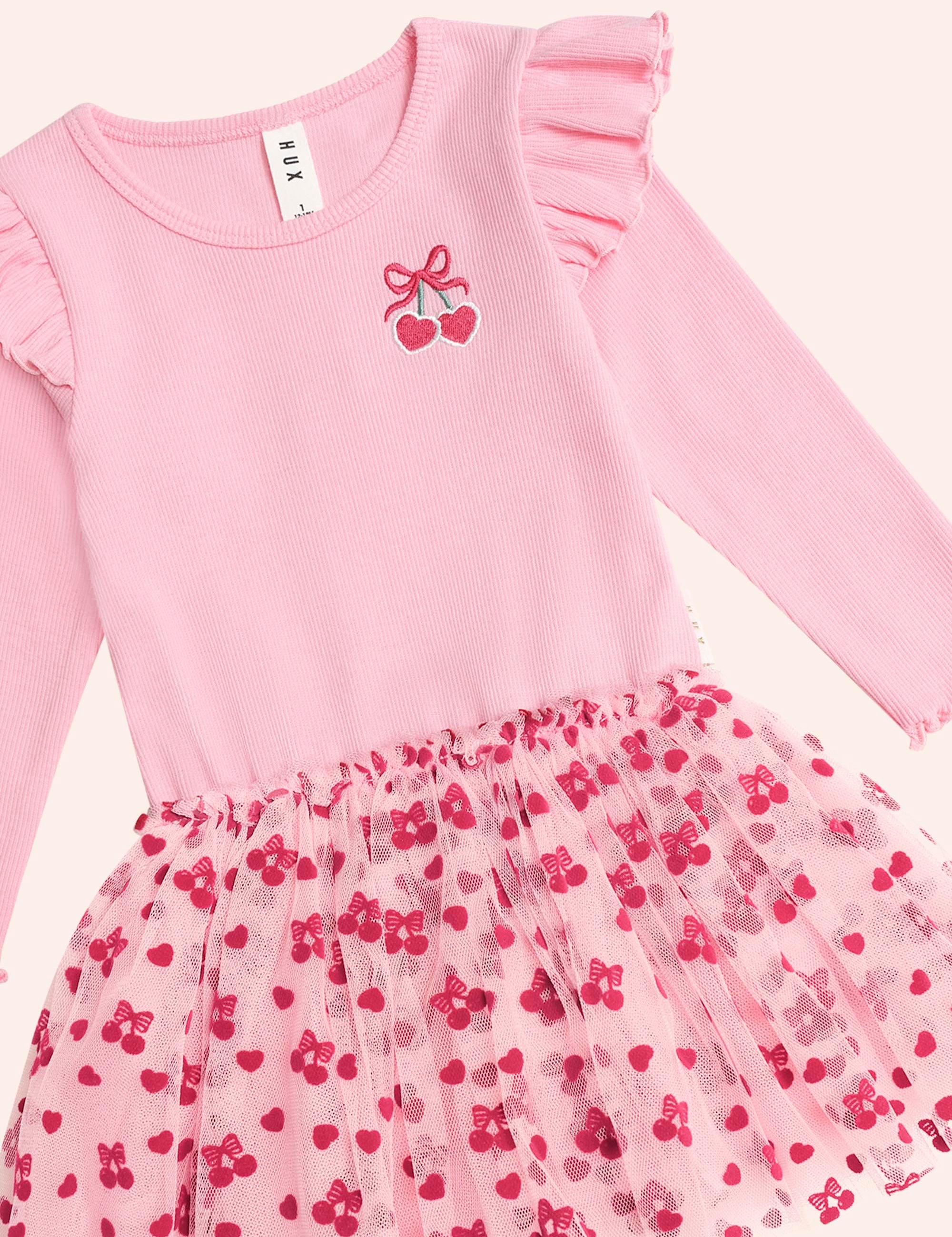 Longsleeve Cherry Pie Rib Tulle Dress DRESS Huxbaby