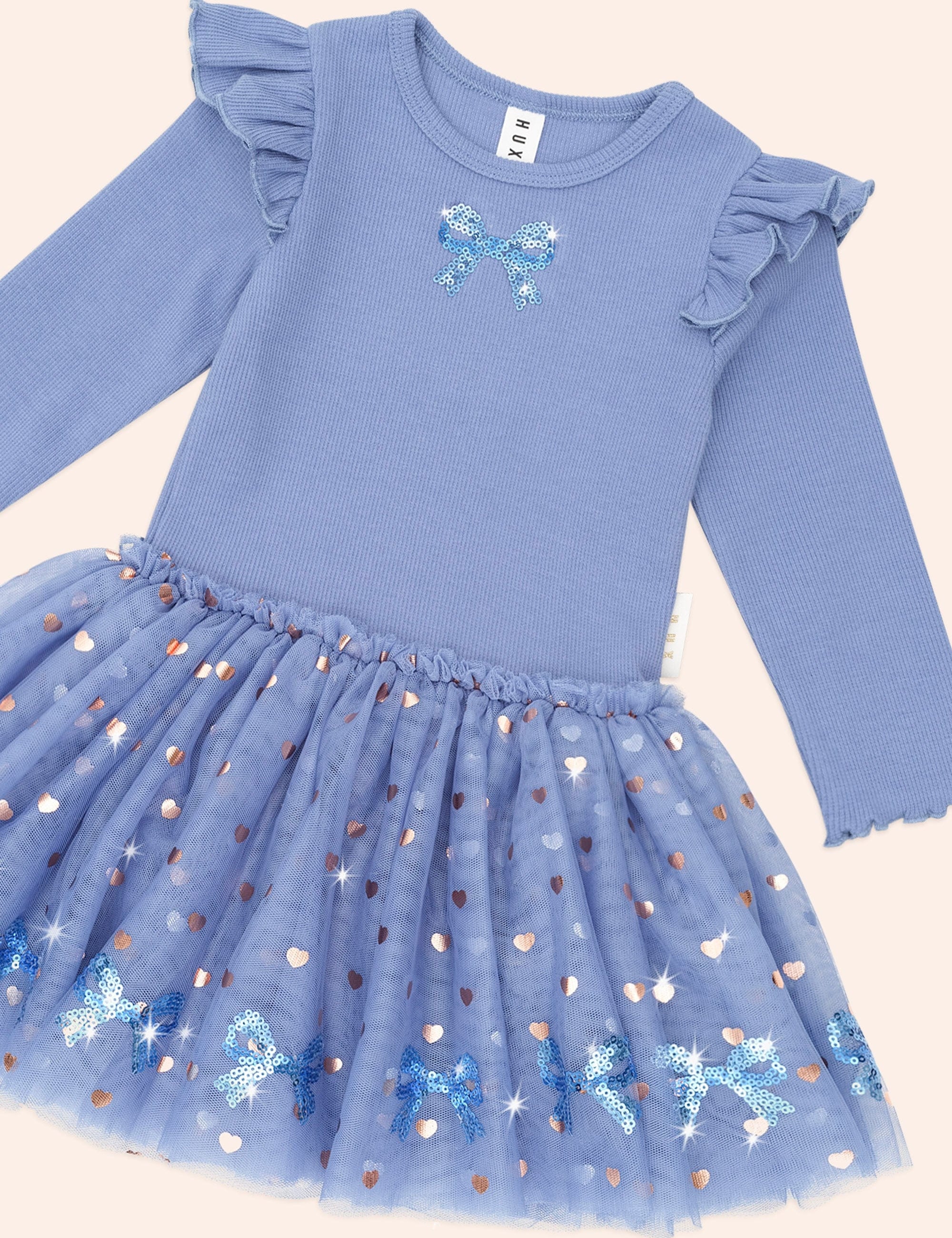 Sequin Bow Tulle Dress Blue DRESS Huxbaby