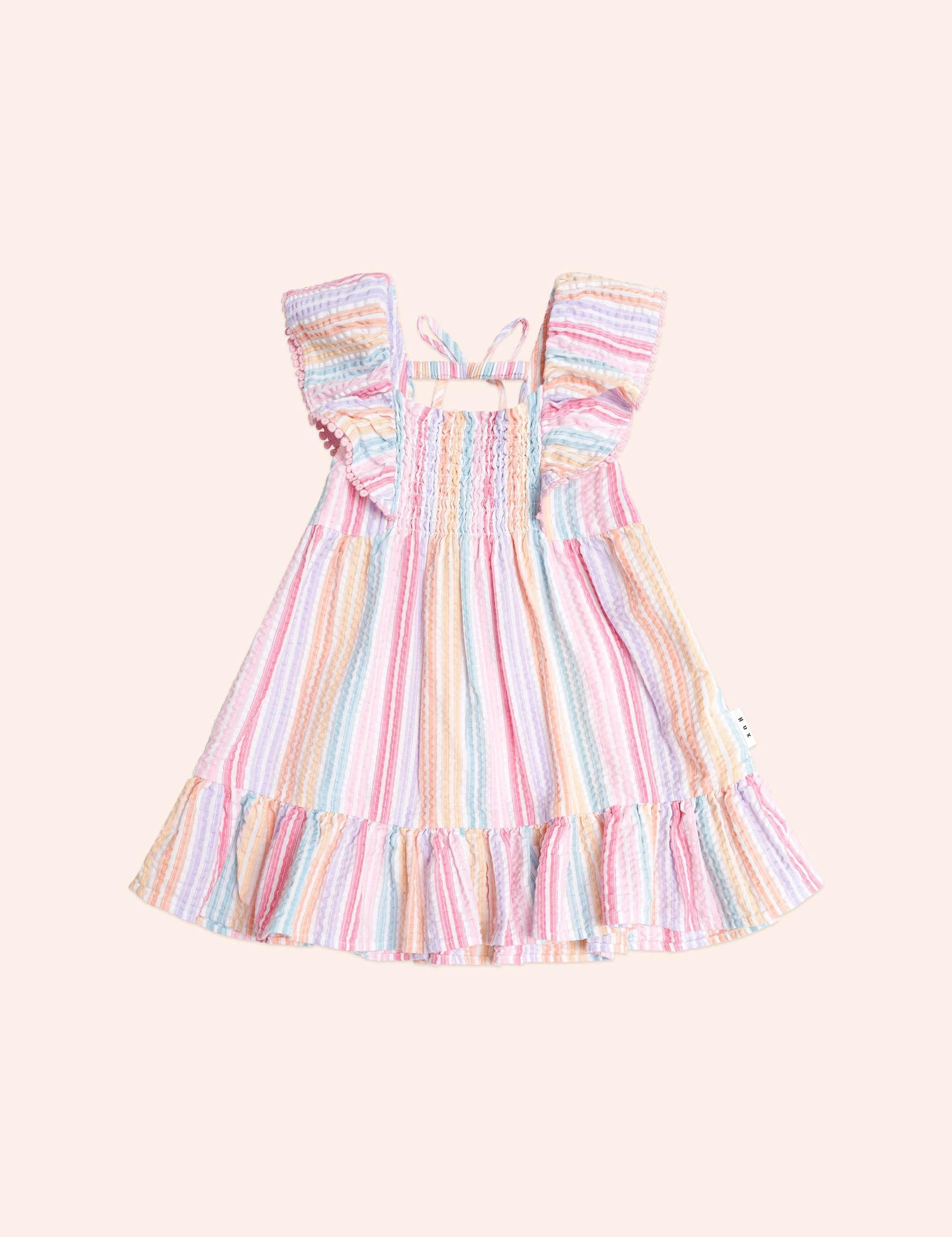 Rainbow Stripe Shirred Frill Dress DRESS Huxbaby
