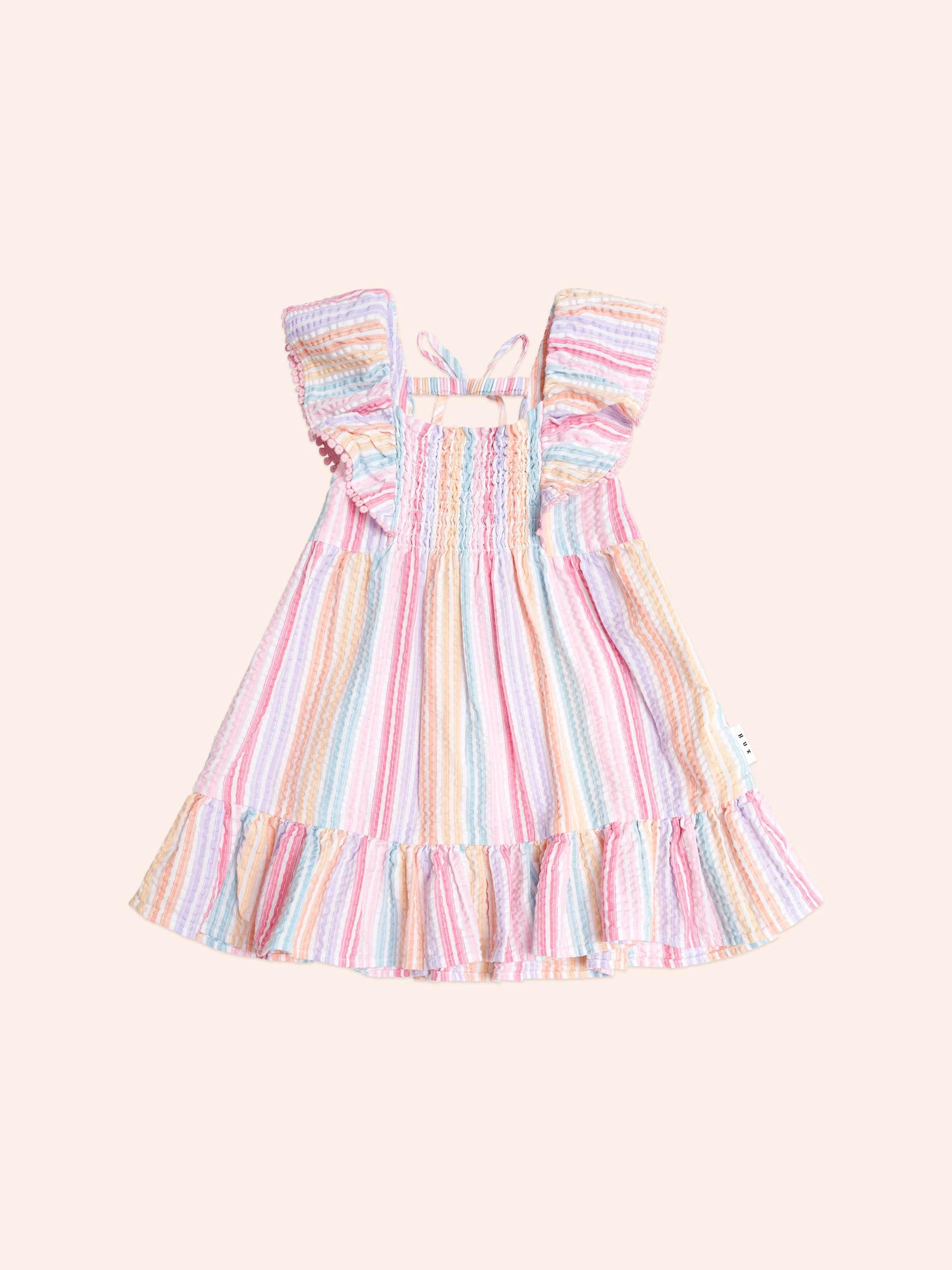 Rainbow Stripe Shirred Frill Dress DRESS Huxbaby