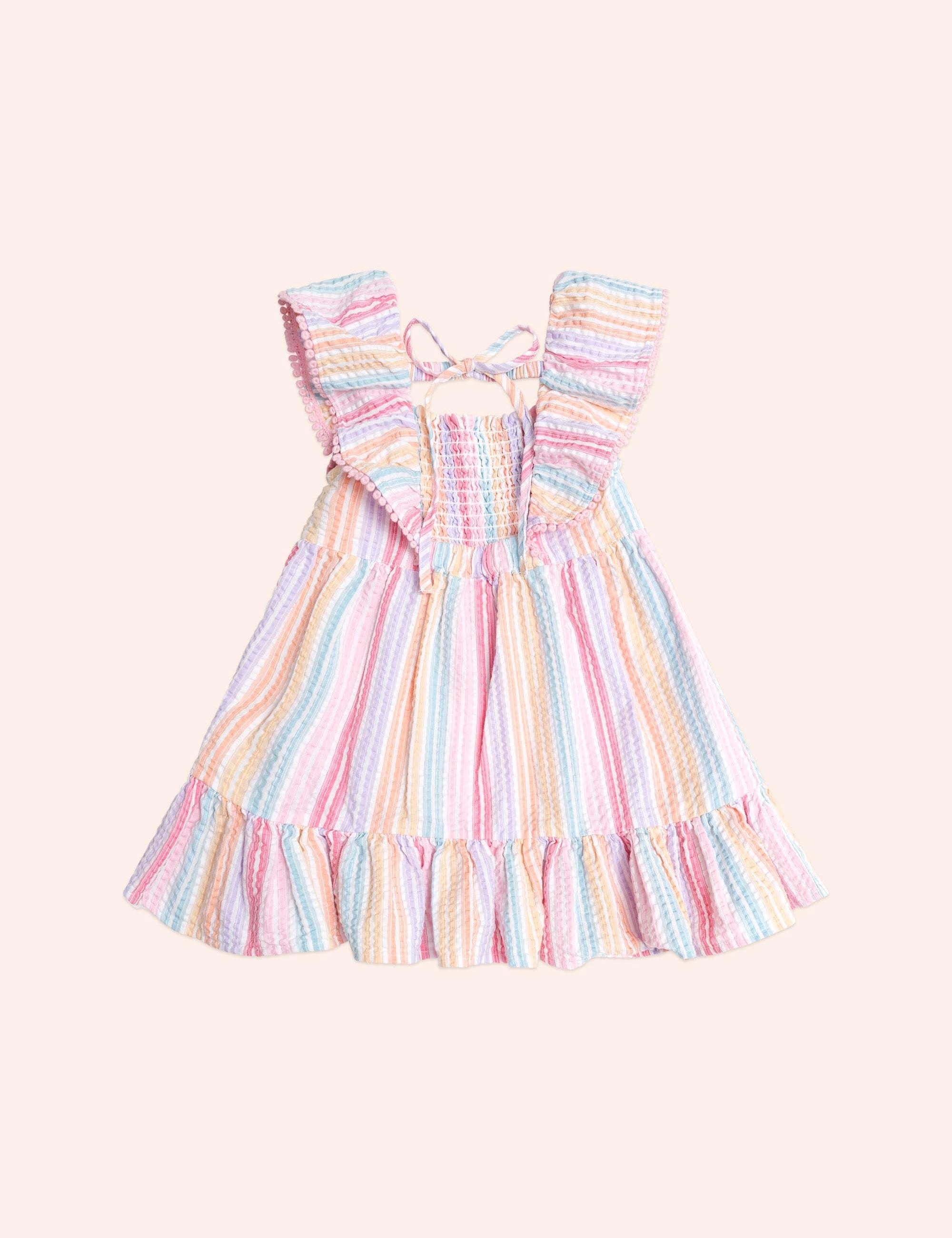 Rainbow Stripe Shirred Frill Dress DRESS Huxbaby