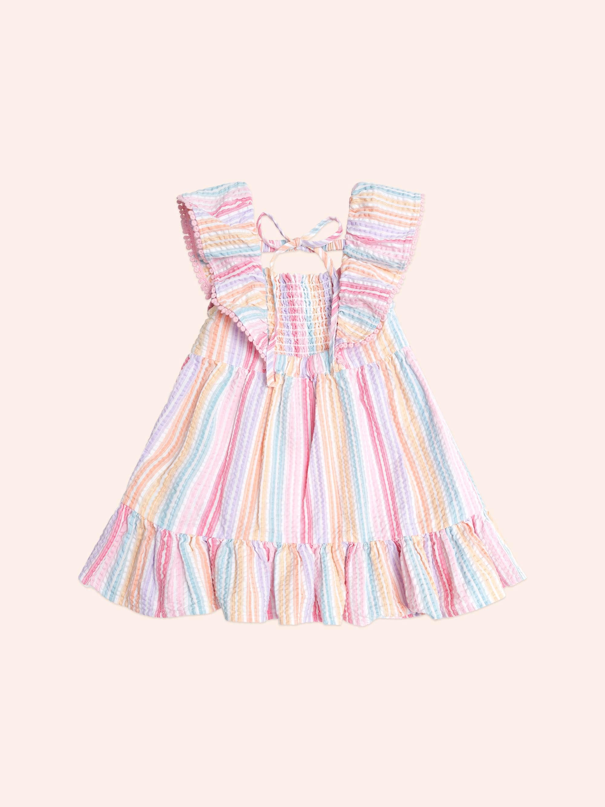 Rainbow Stripe Shirred Frill Dress DRESS Huxbaby