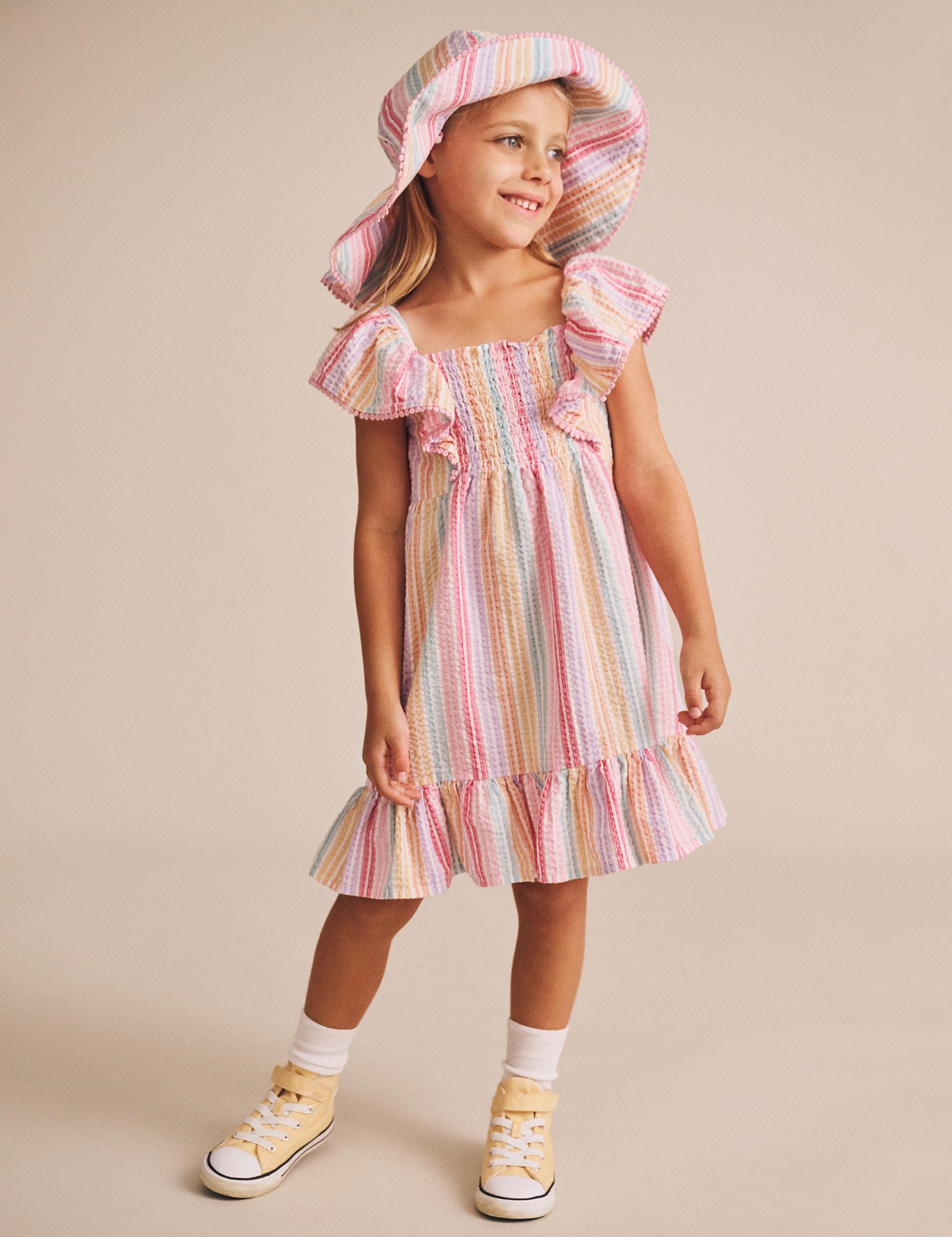 Rainbow Stripe Shirred Frill Dress DRESS Huxbaby