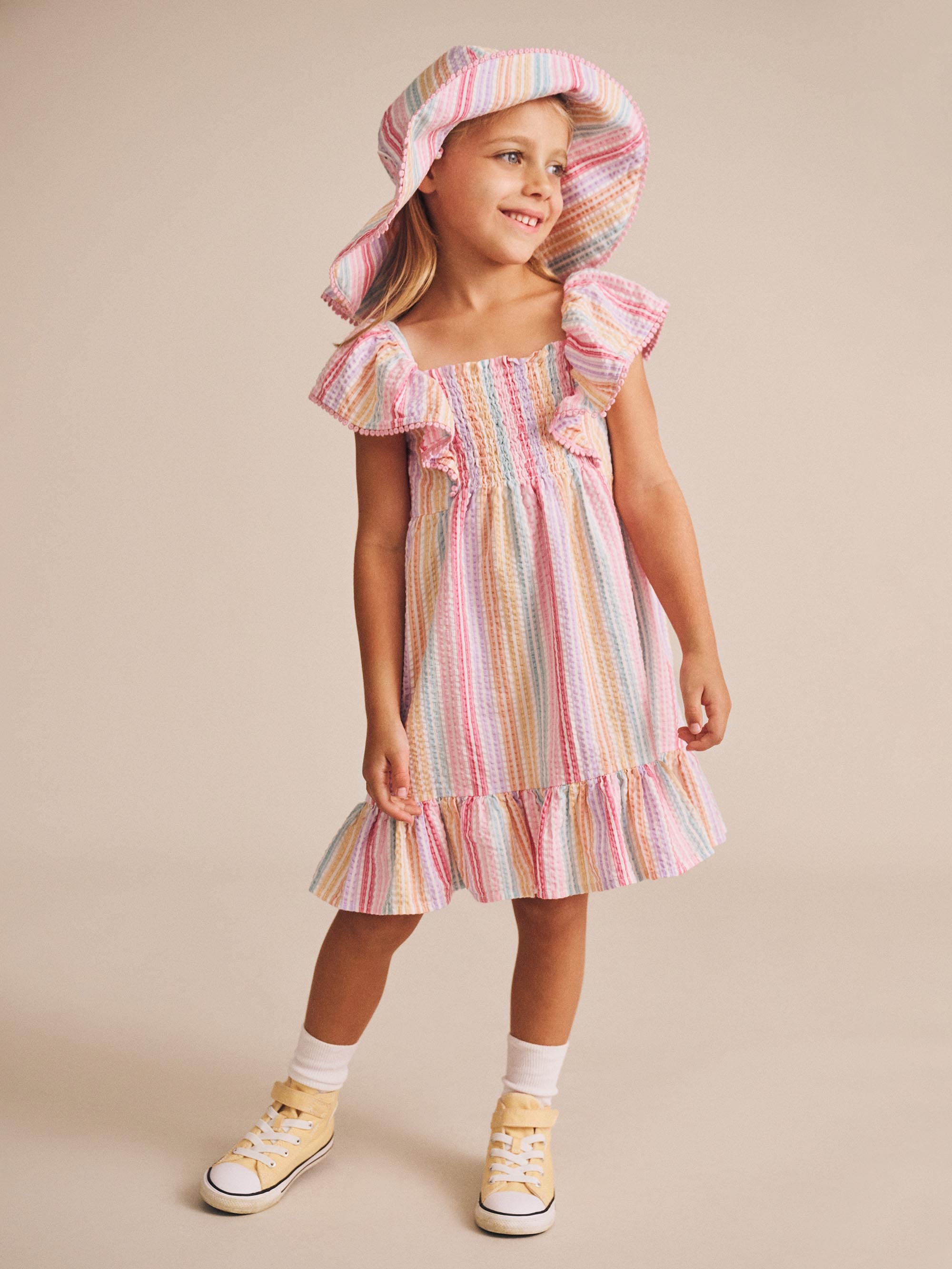 Rainbow Stripe Shirred Frill Dress DRESS Huxbaby
