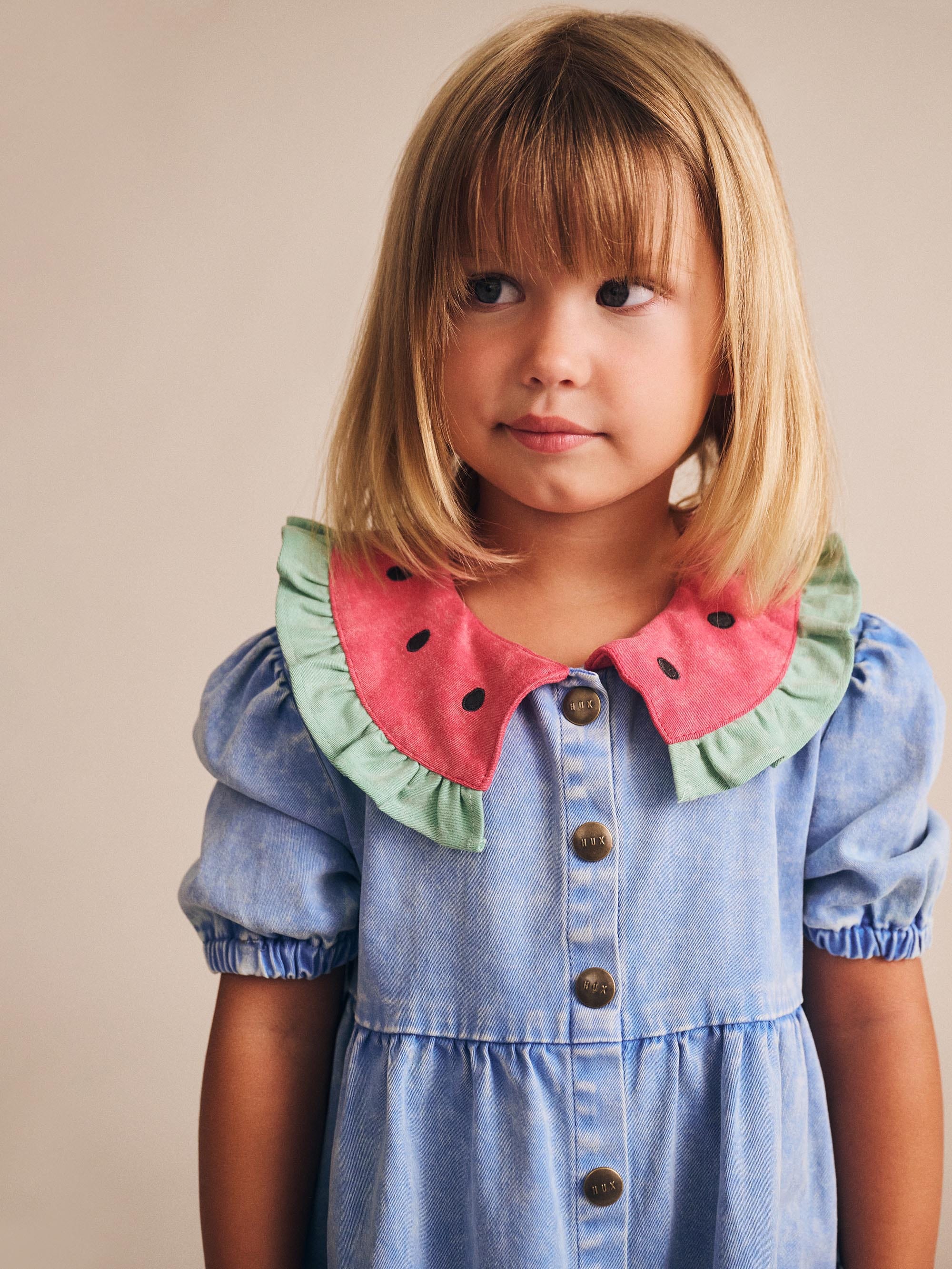 Watermelon Denim Puff Dress DRESS Huxbaby