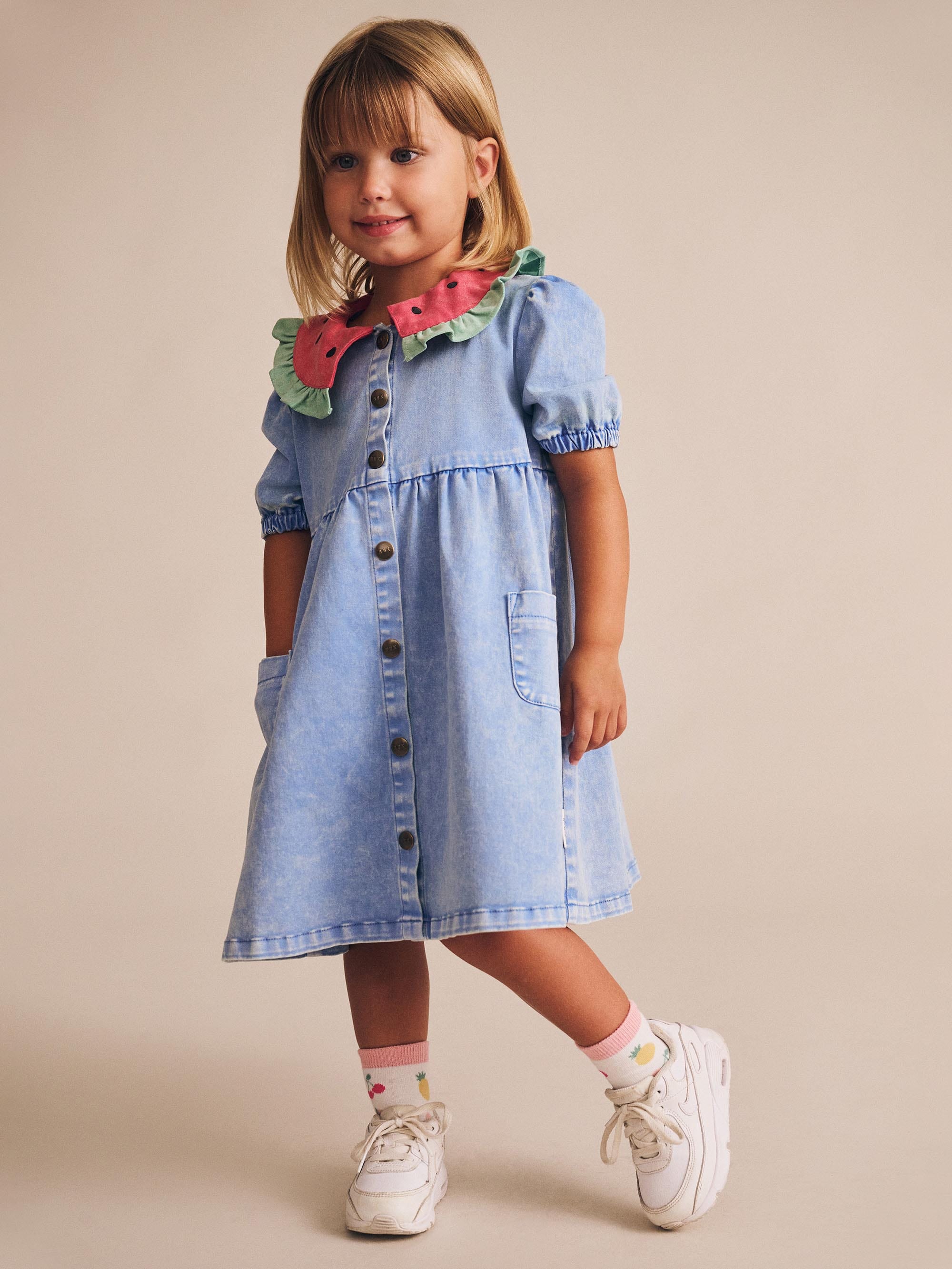 Watermelon Denim Puff Dress DRESS Huxbaby
