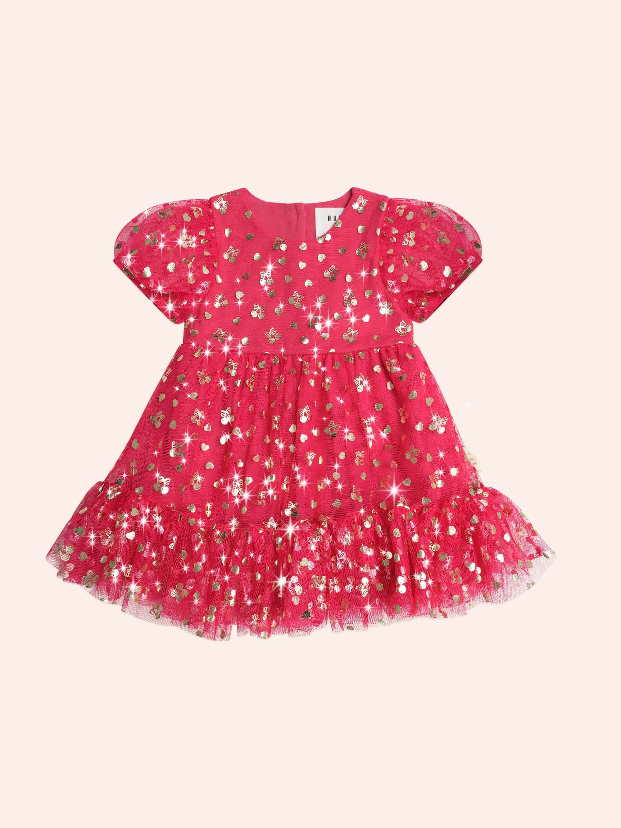 Golden Cherries Puff Sleeve Tulle Dress DRESS Huxbaby