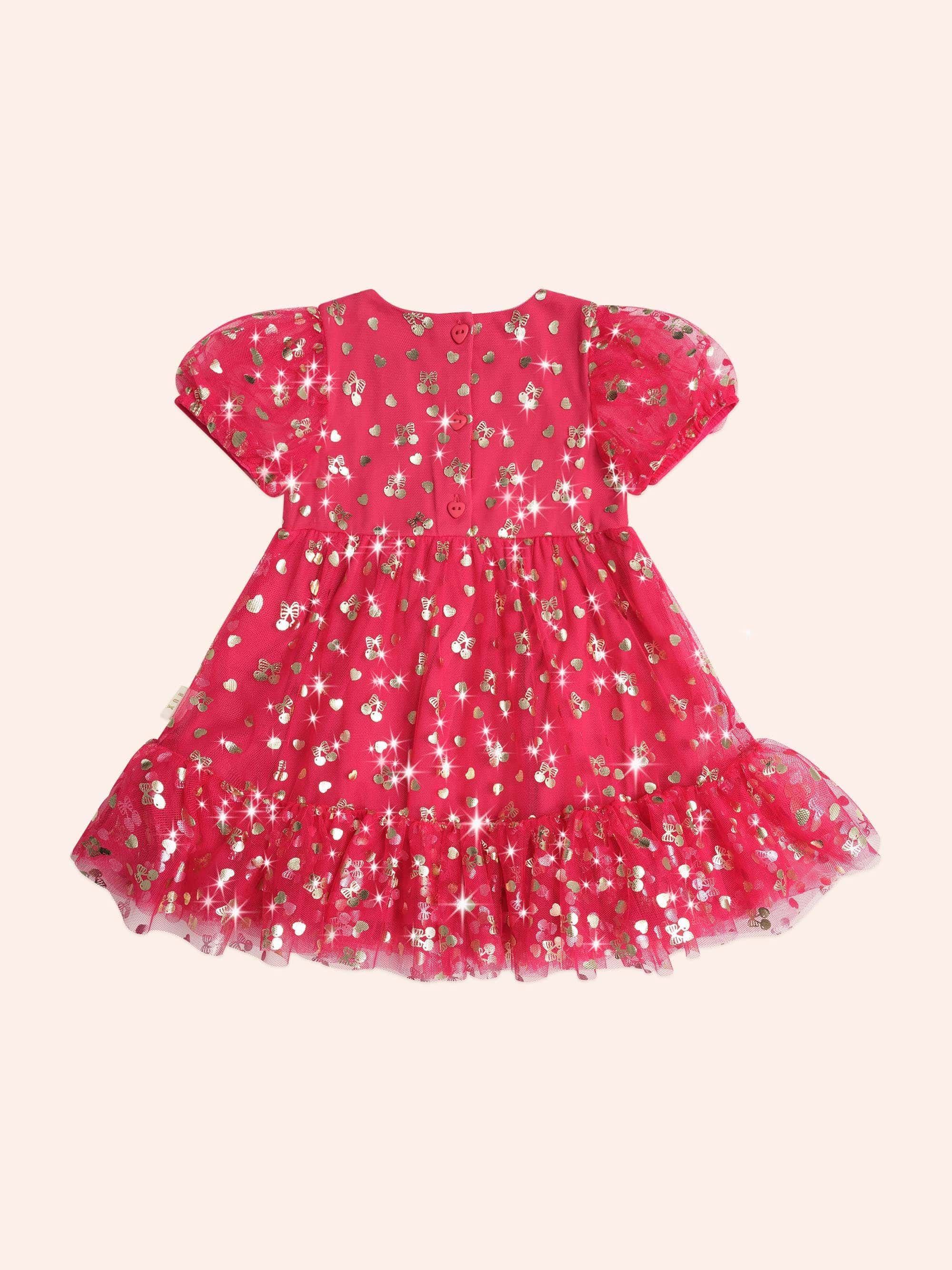 Golden Cherries Puff Sleeve Tulle Dress DRESS Huxbaby