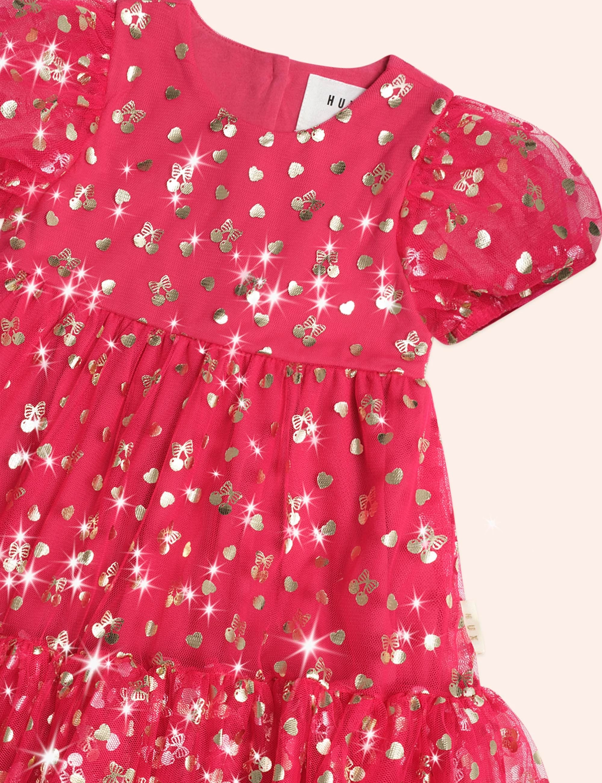 Golden Cherries Puff Sleeve Tulle Dress DRESS Huxbaby