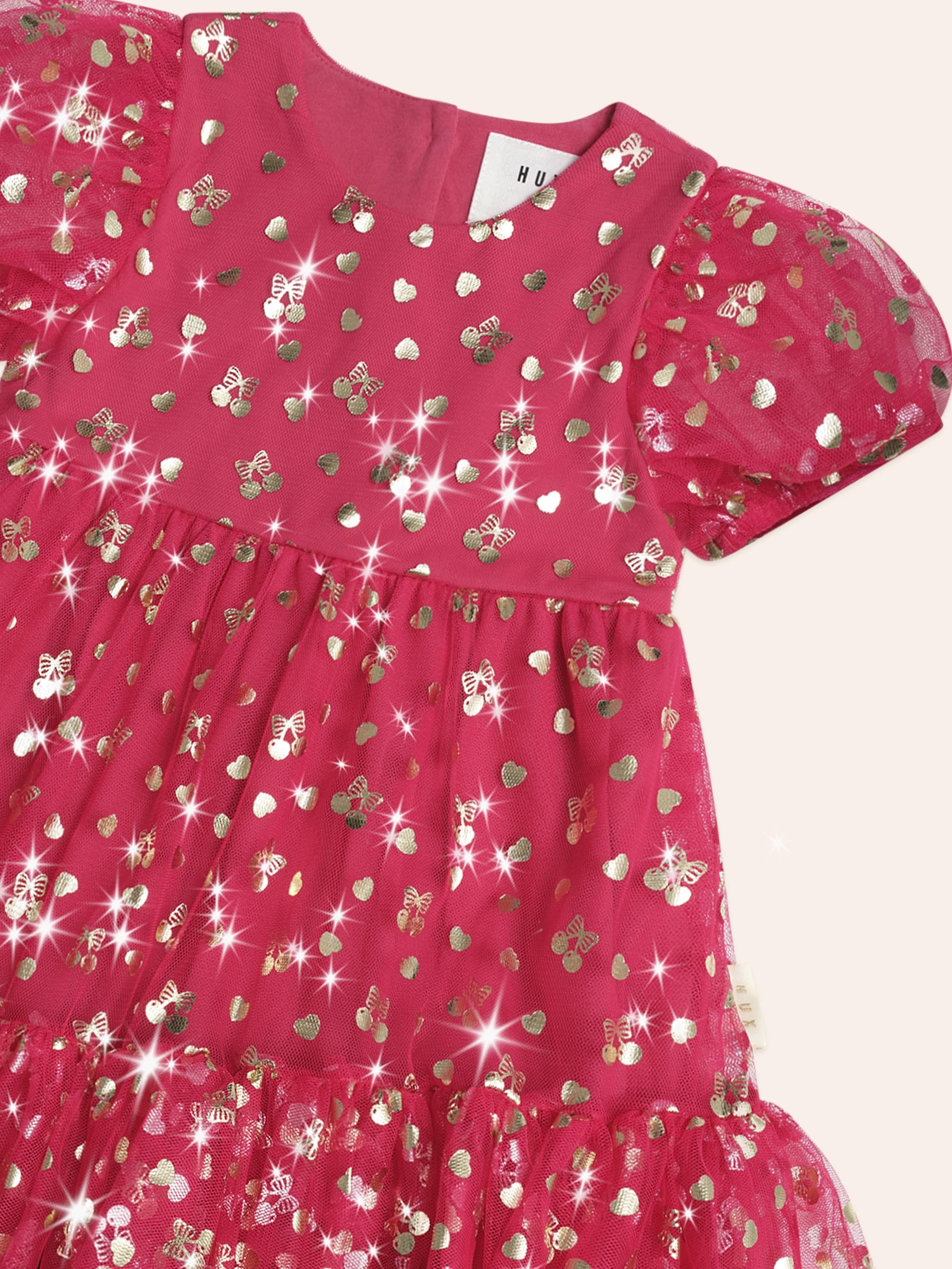 Golden Cherries Puff Sleeve Tulle Dress DRESS Huxbaby