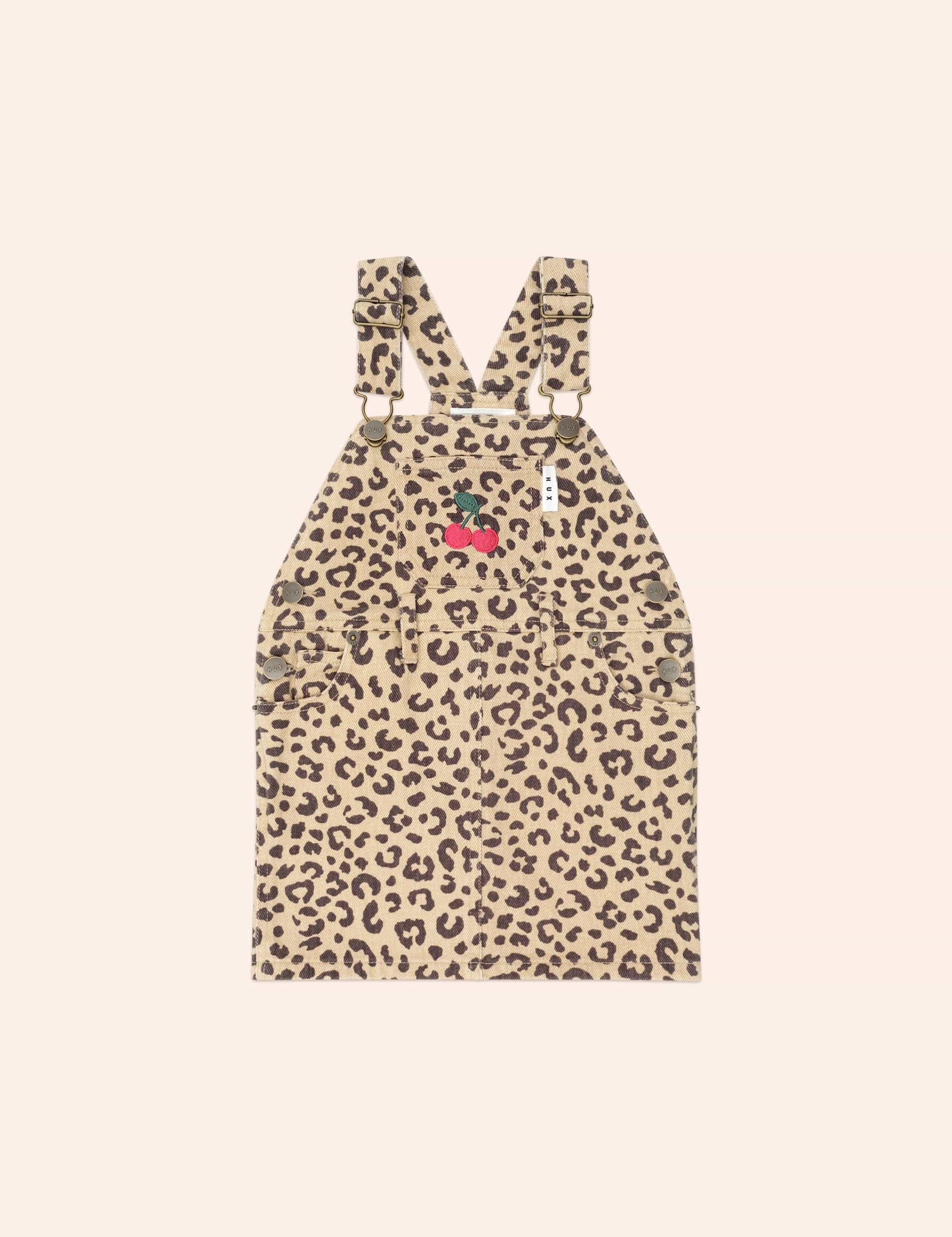 Very Cherry Leopard Print Denim Pinafore DRESS Huxbaby
