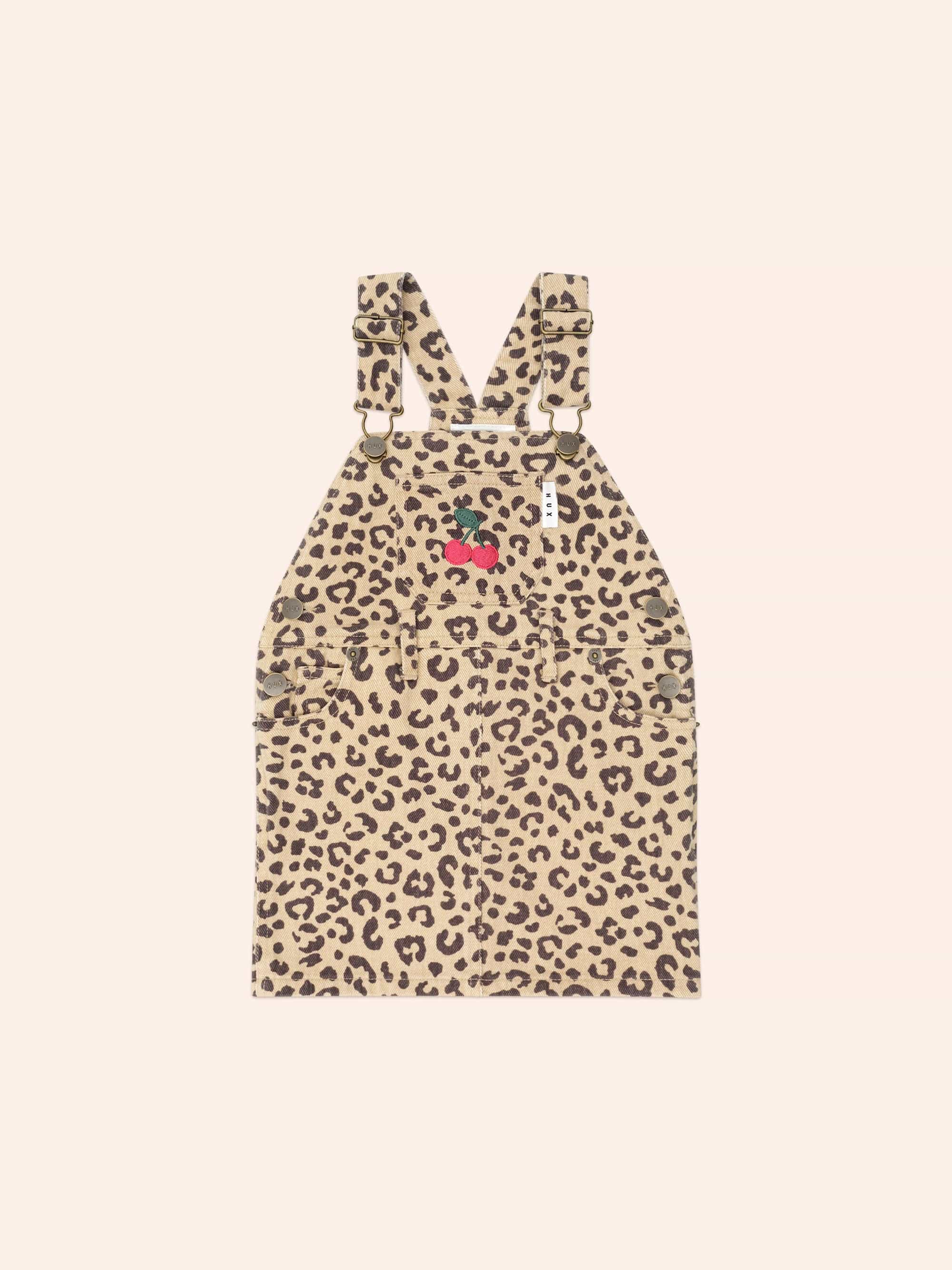 Very Cherry Leopard Print Denim Pinafore DRESS Huxbaby
