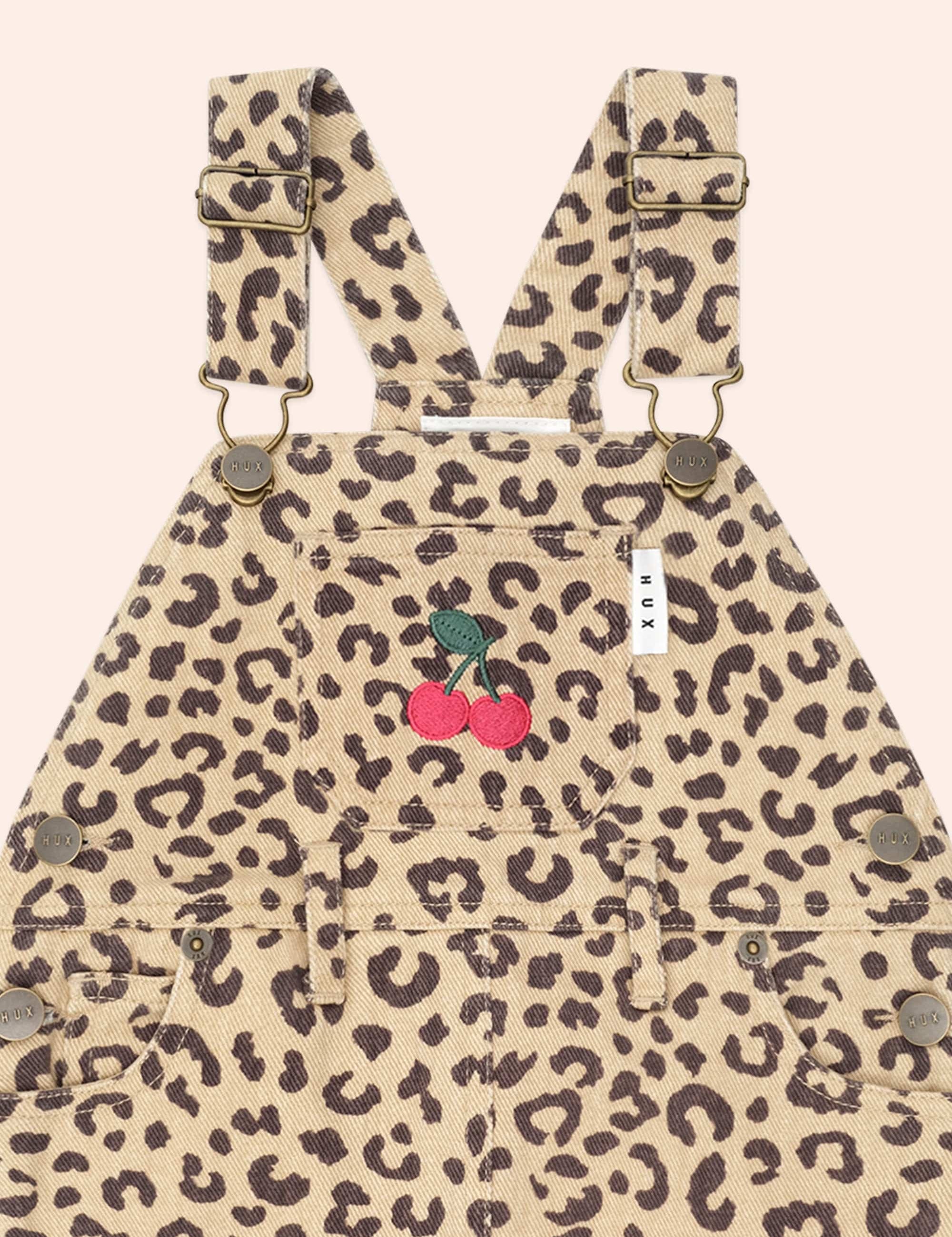 Very Cherry Leopard Print Denim Pinafore DRESS Huxbaby