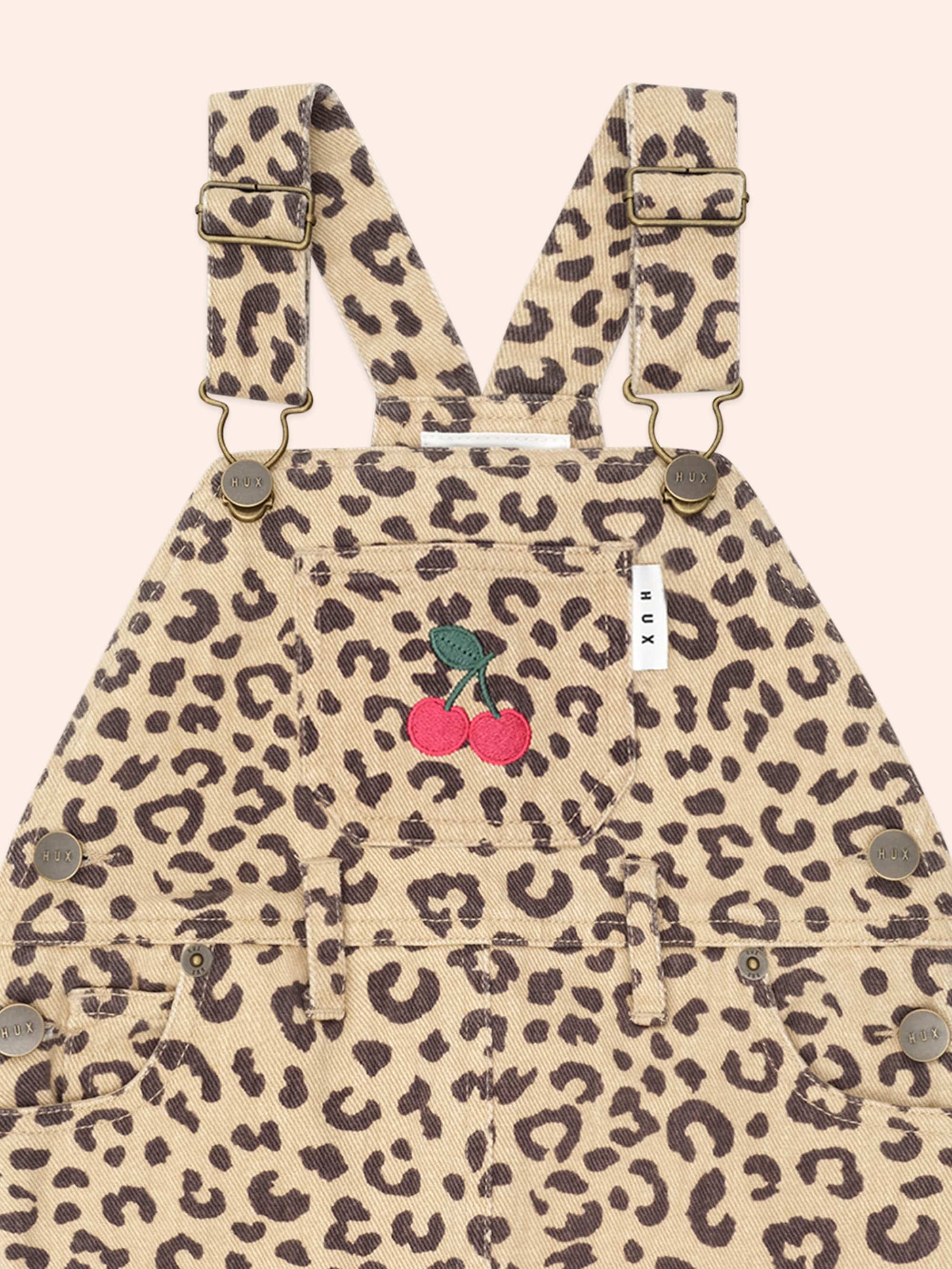 Very Cherry Leopard Print Denim Pinafore DRESS Huxbaby