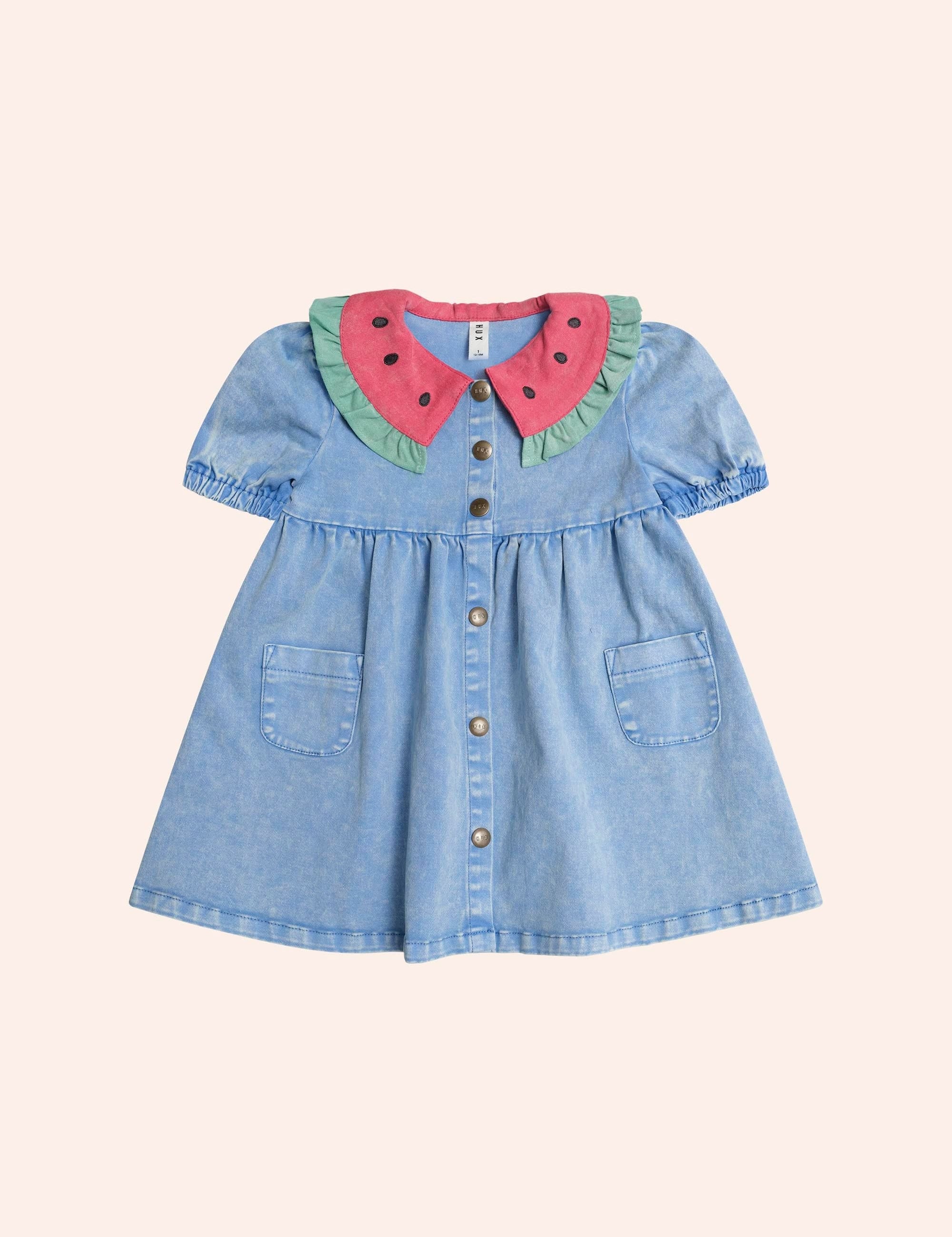 Watermelon Denim Puff Dress DRESS Huxbaby