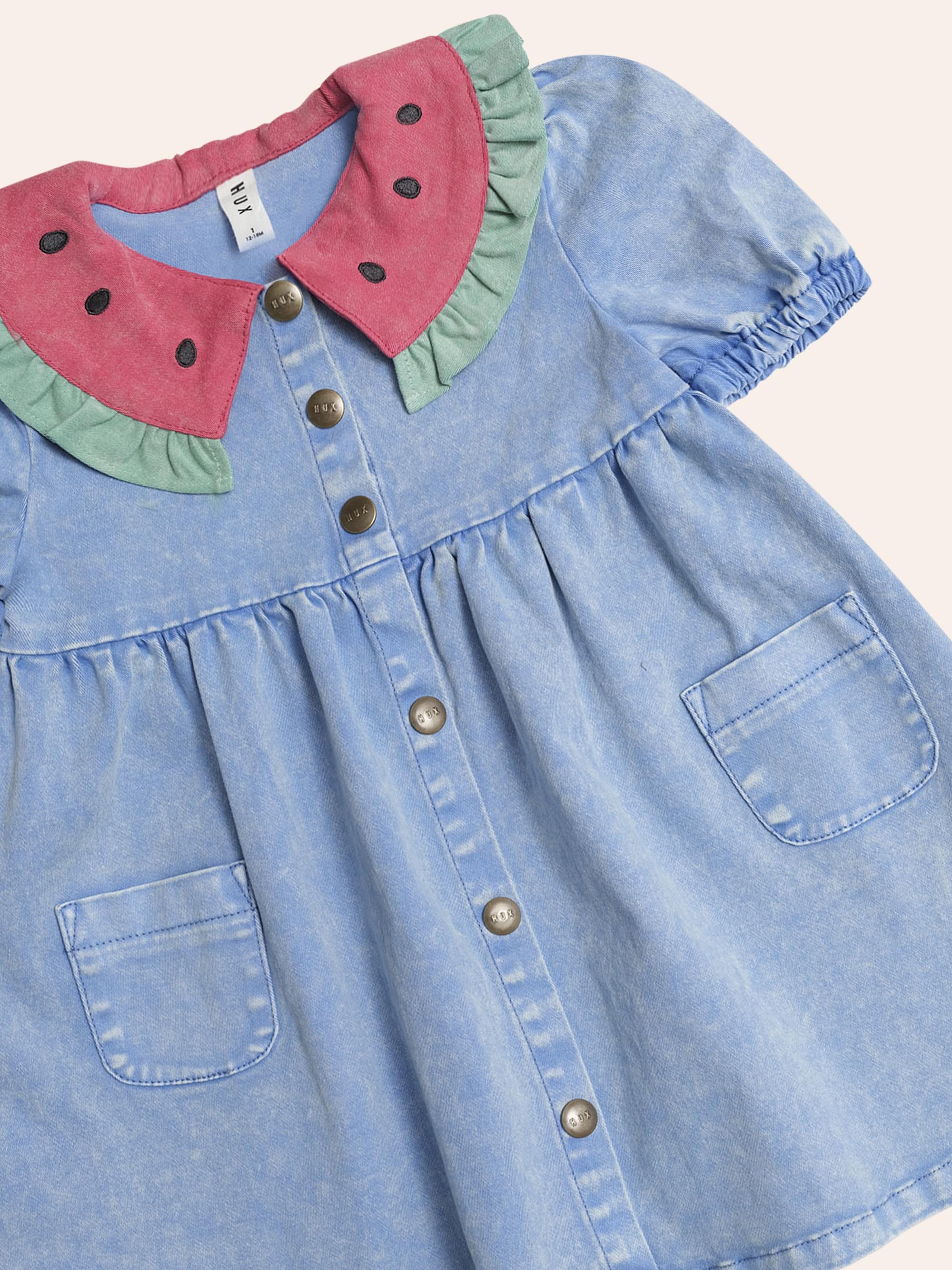 Watermelon Denim Puff Dress DRESS Huxbaby