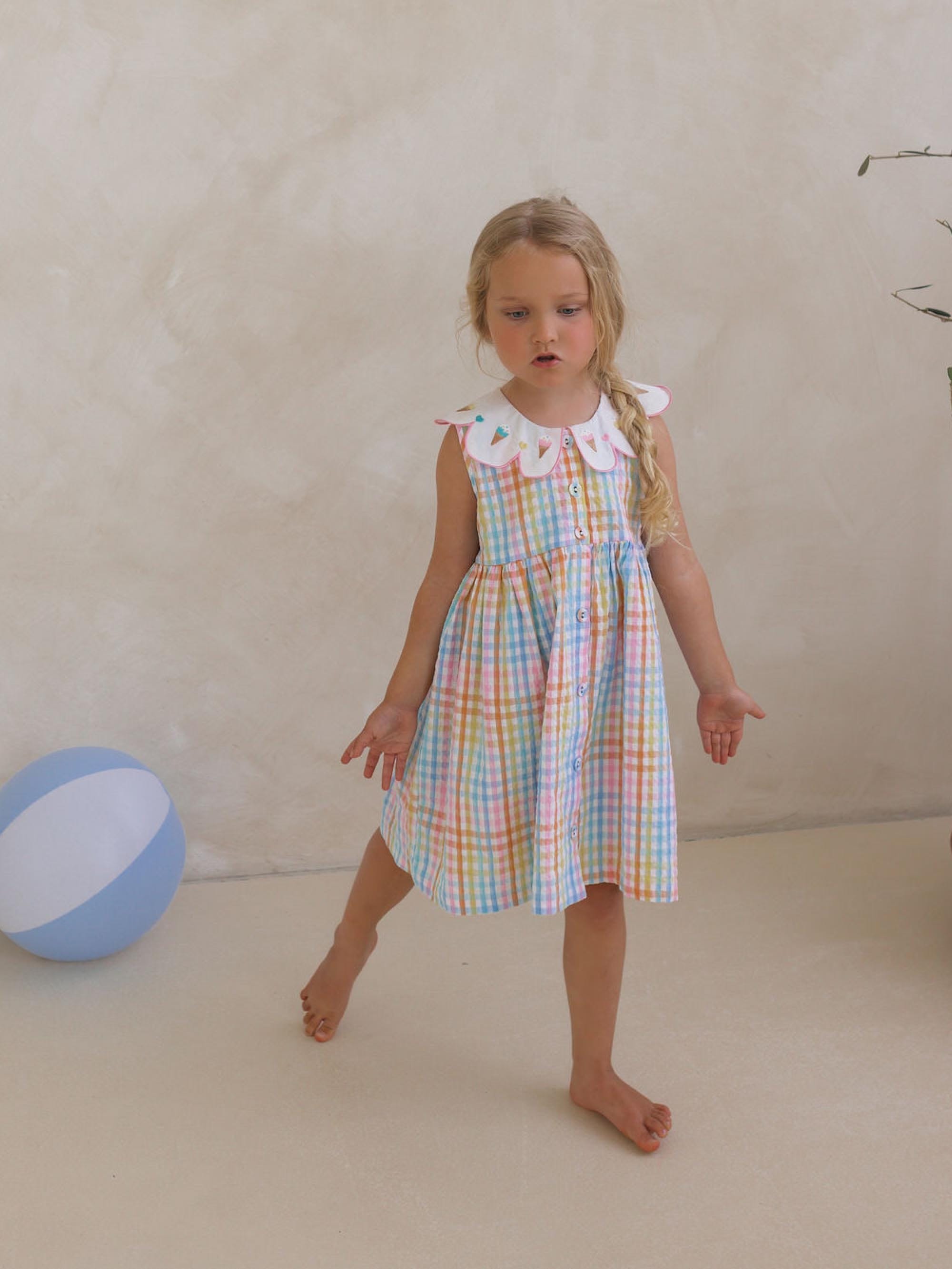 Ice Cream Rainbow Check Collar Dress DRESS Huxbaby Shopify