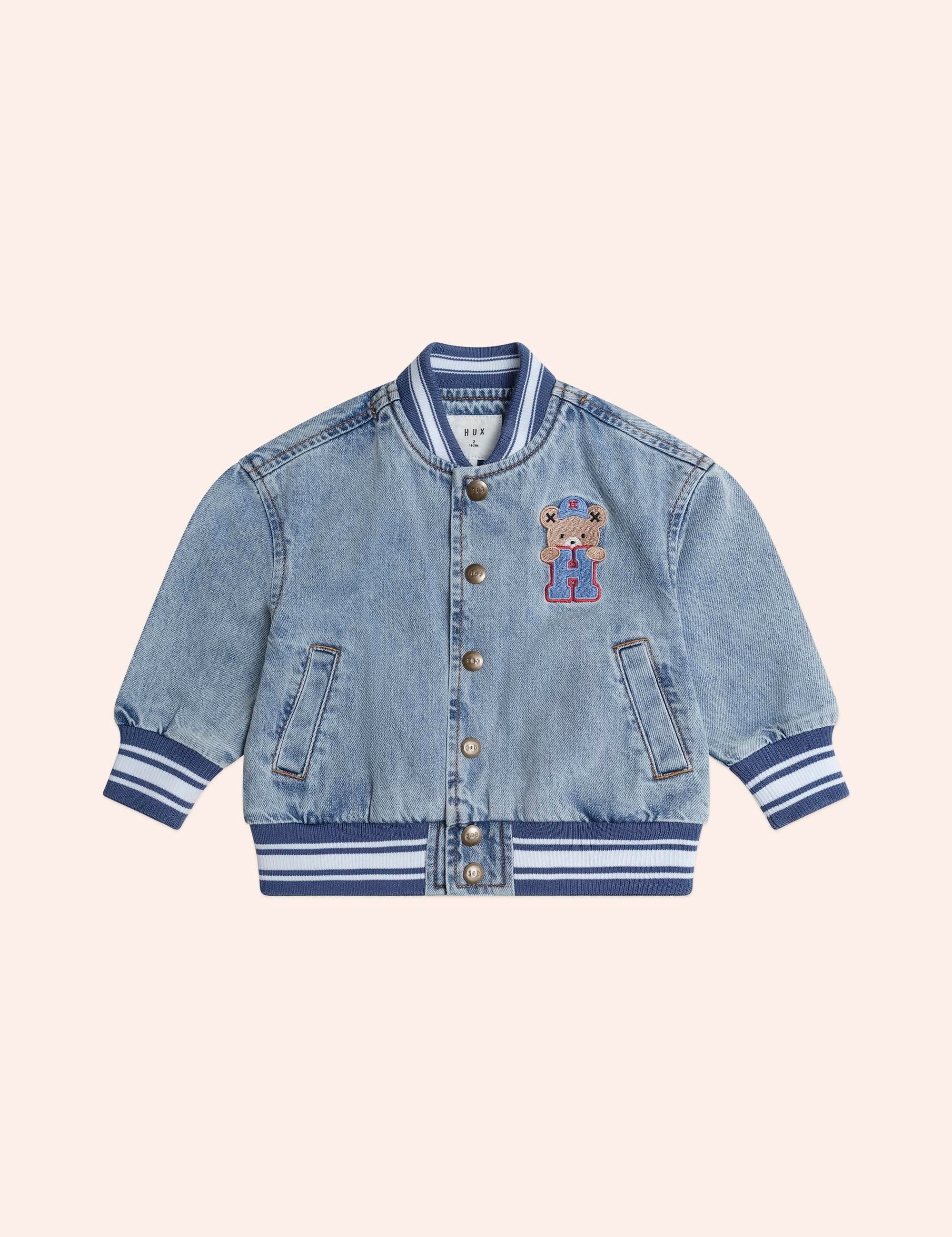 Dreamy Denim Varsity Bomber – Huxbaby - Main Image