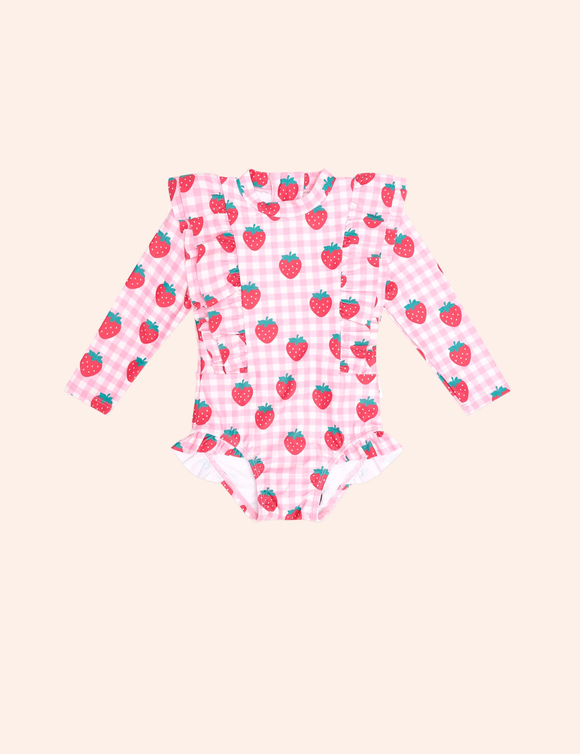 Strawberry Check Frill Swimsuit SWIMWEAR Huxbaby Shopify
