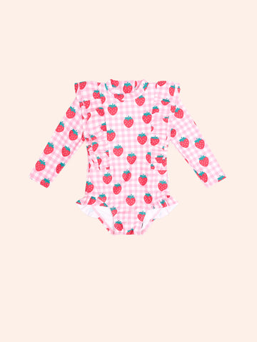 Strawberry Check Frill Swimsuit SWIMWEAR Huxbaby Shopify
