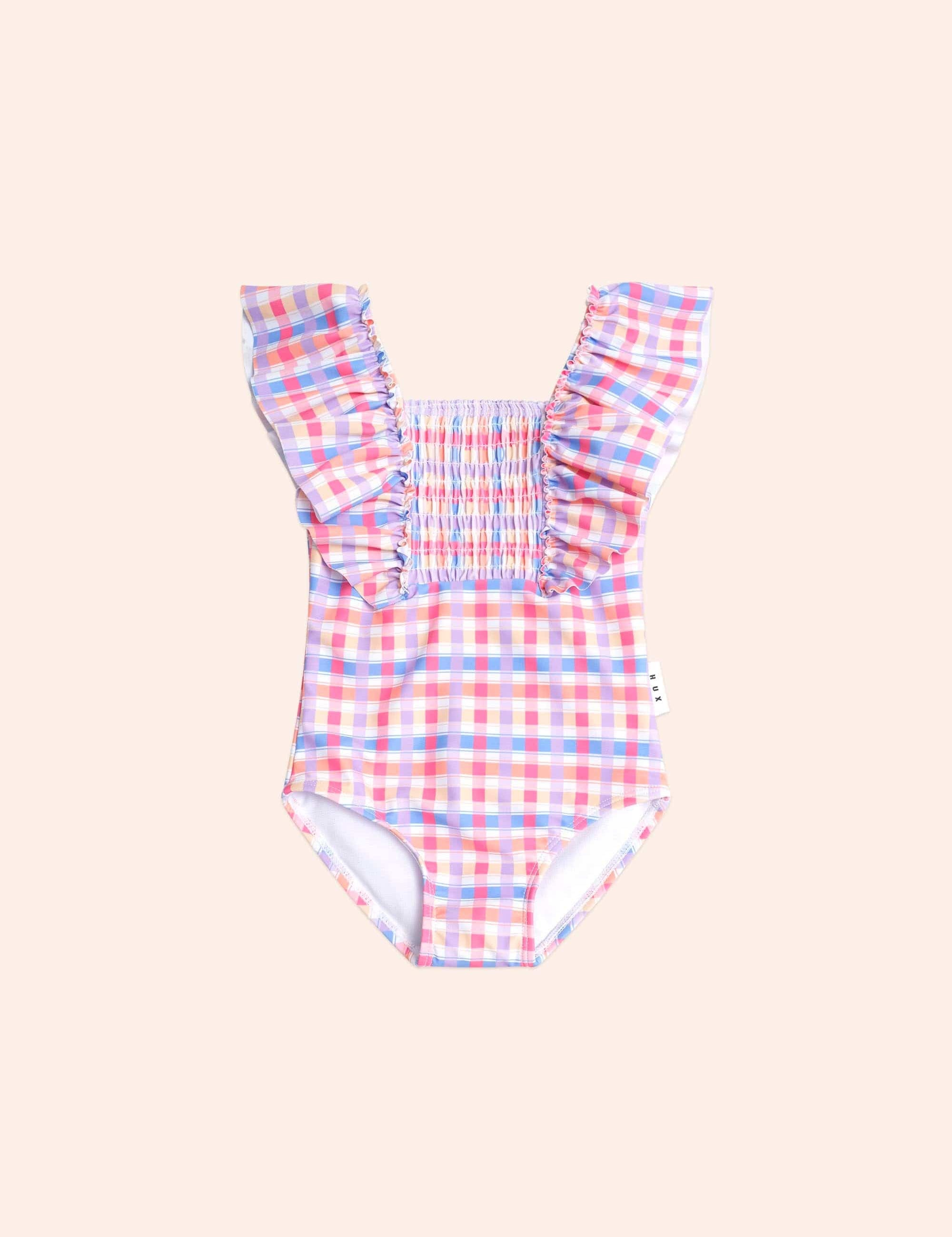 Shirred Frill Swimsuit Rainbow Check SWIMWEAR Huxbaby