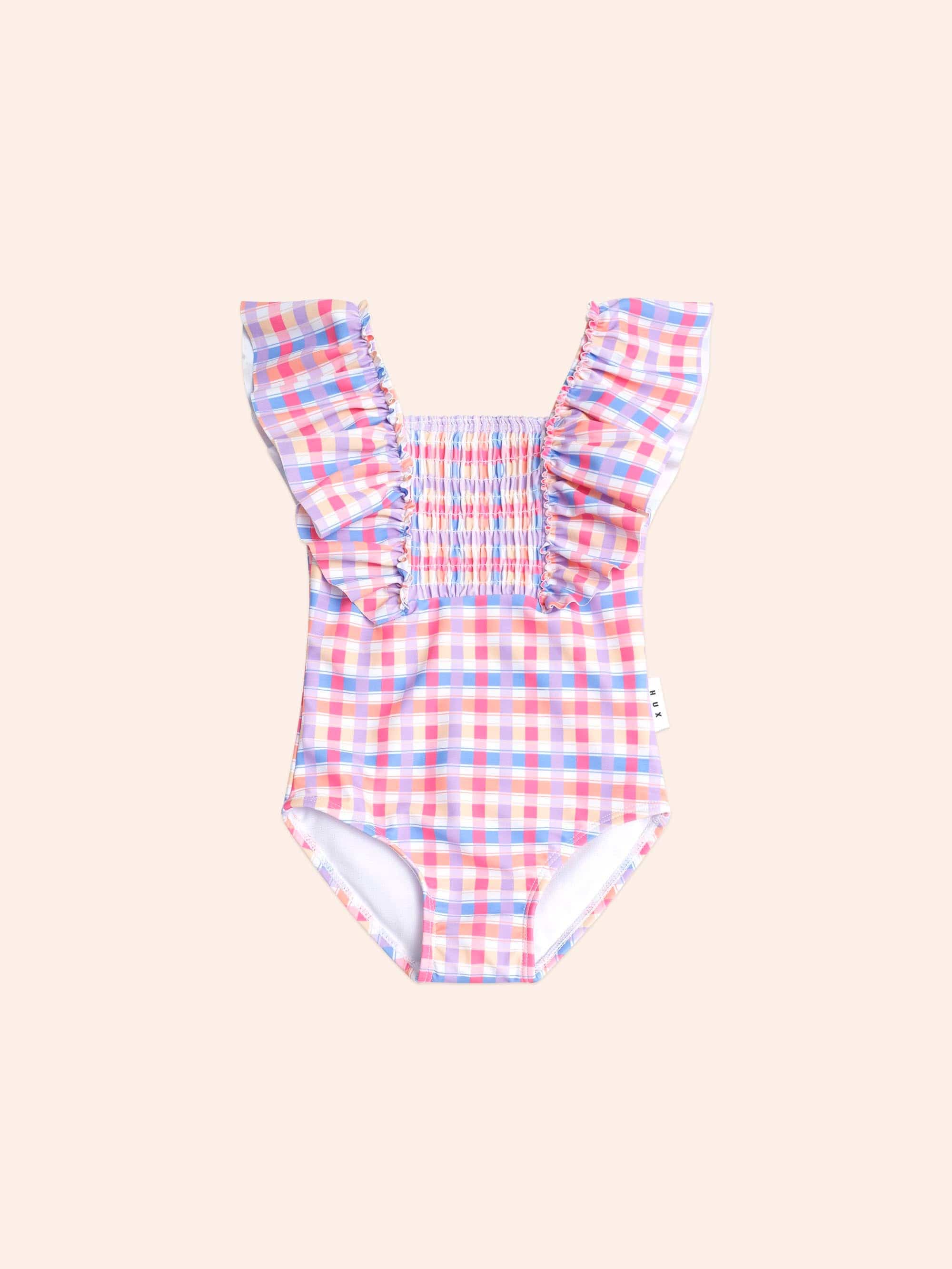 Shirred Frill Swimsuit Rainbow Check SWIMWEAR Huxbaby
