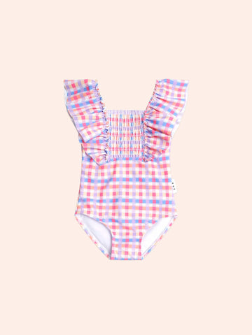 Shirred Frill Swimsuit Rainbow Check SWIMWEAR Huxbaby