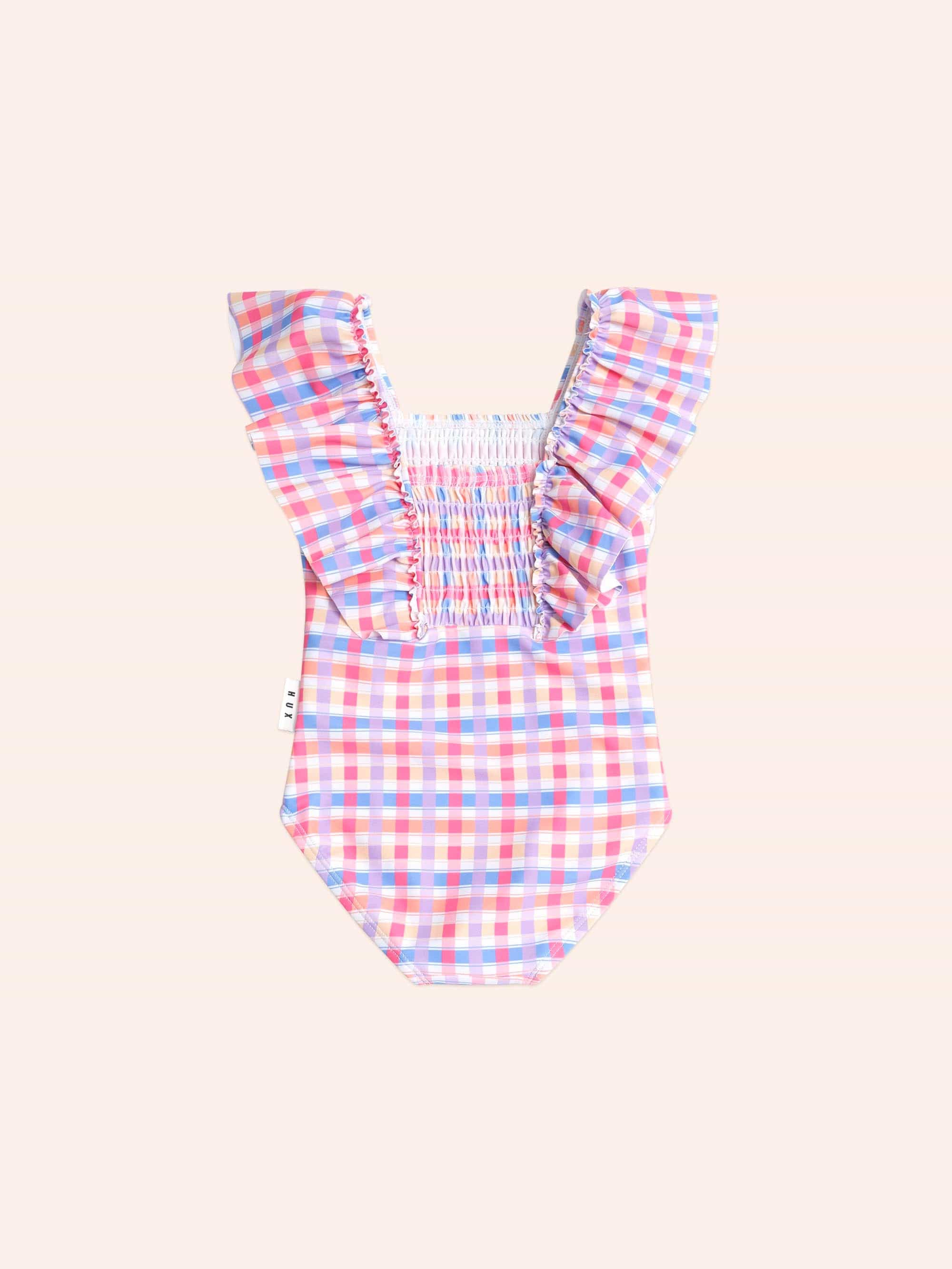 Shirred Frill Swimsuit Rainbow Check SWIMWEAR Huxbaby