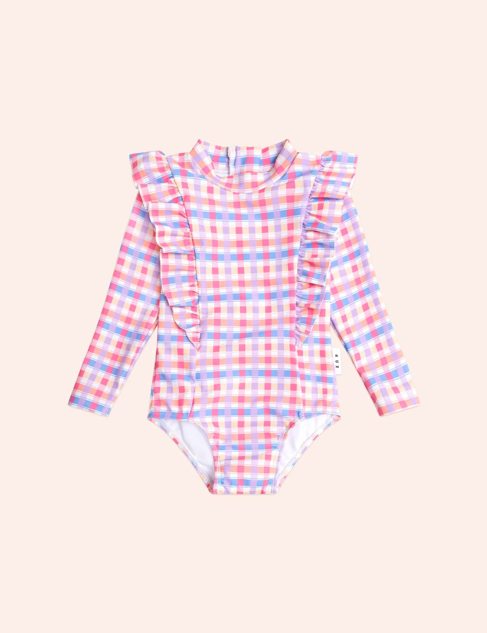 Scandi Frill Swimsuit Rainbow Check SWIMWEAR Huxbaby