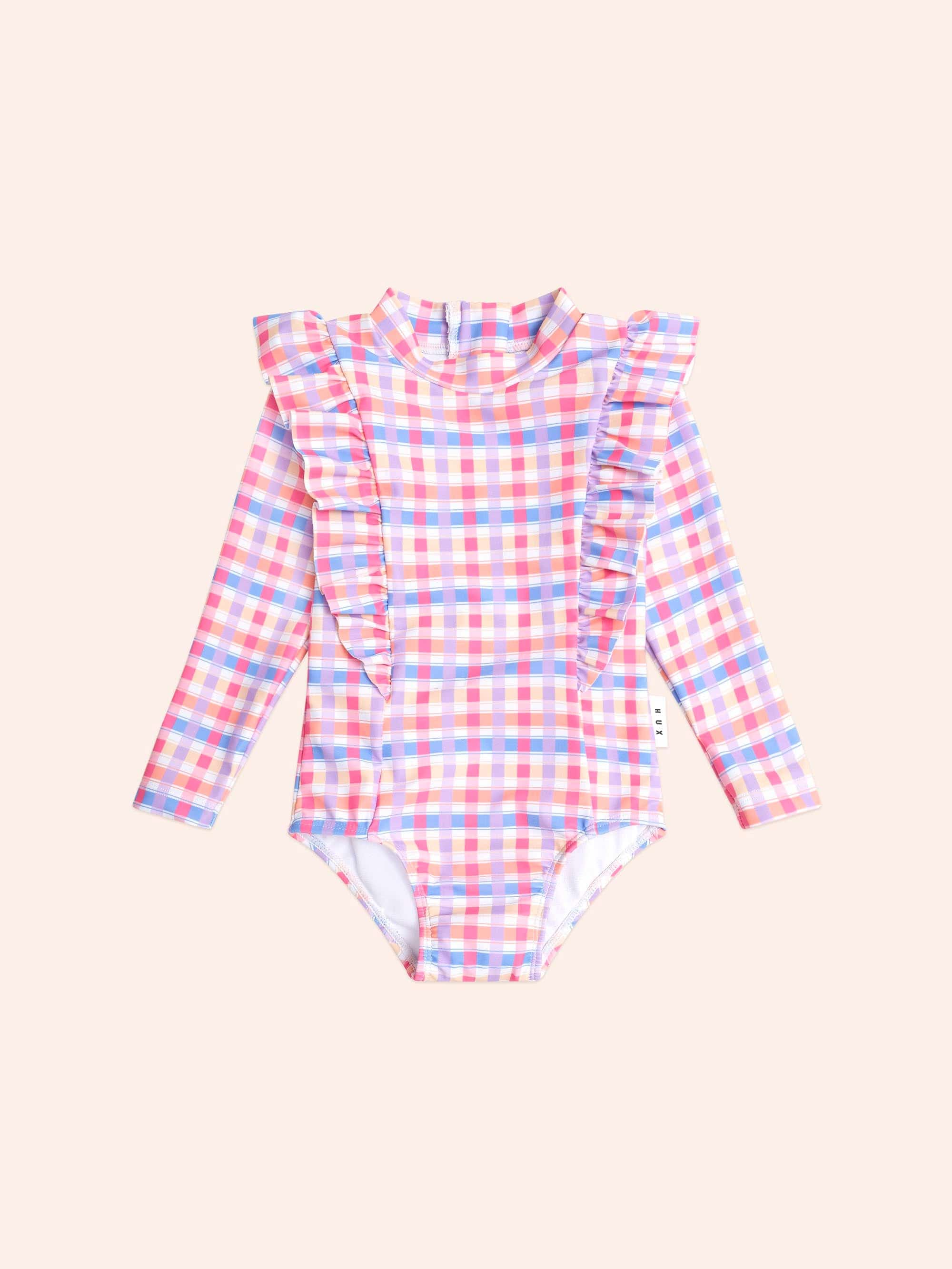 Scandi Frill Swimsuit Rainbow Check SWIMWEAR Huxbaby