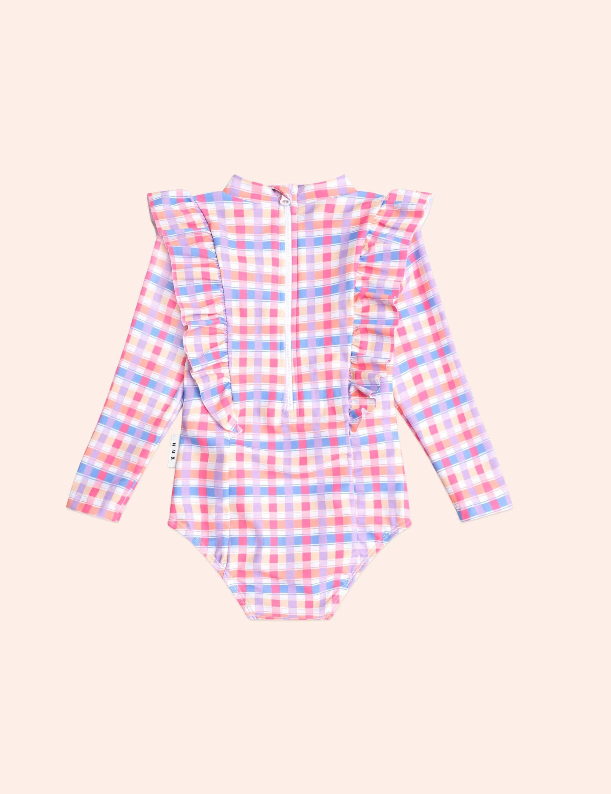Scandi Frill Swimsuit Rainbow Check SWIMWEAR Huxbaby