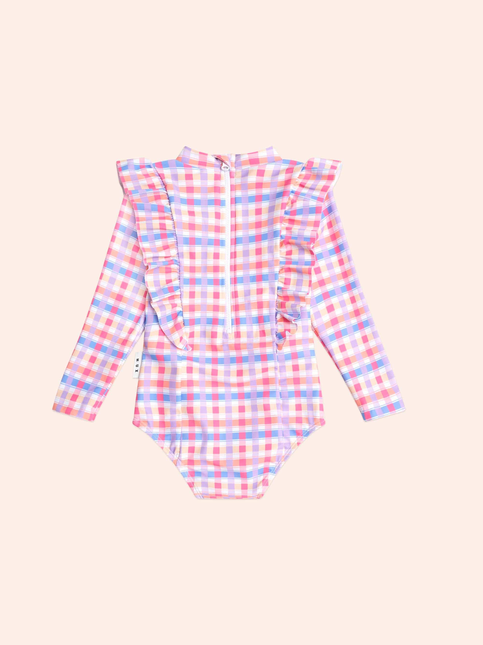 Scandi Frill Swimsuit Rainbow Check SWIMWEAR Huxbaby